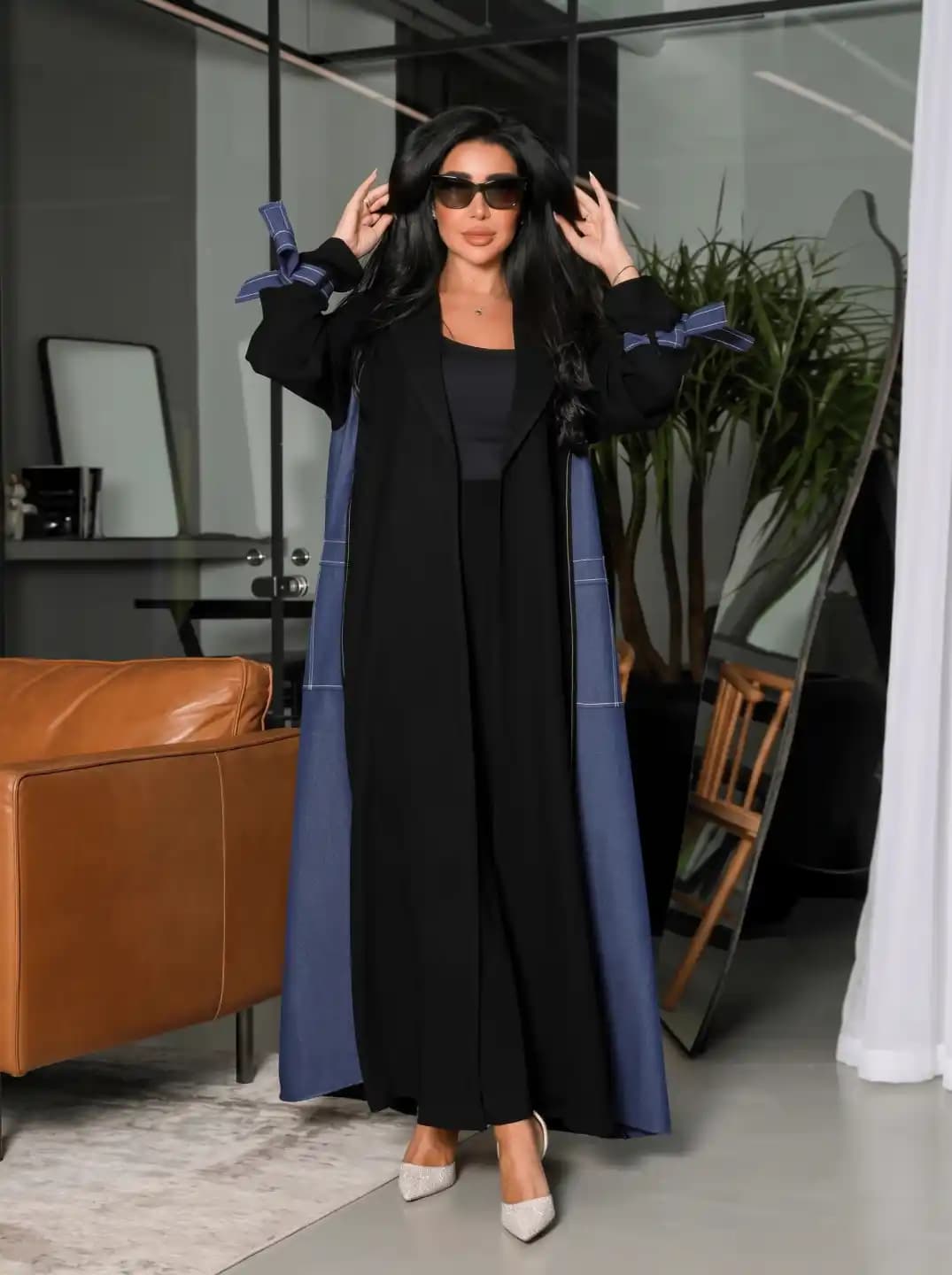 Abaya свободная накидка с синими контрастными манжетами и бантом, модное мусульманское платье