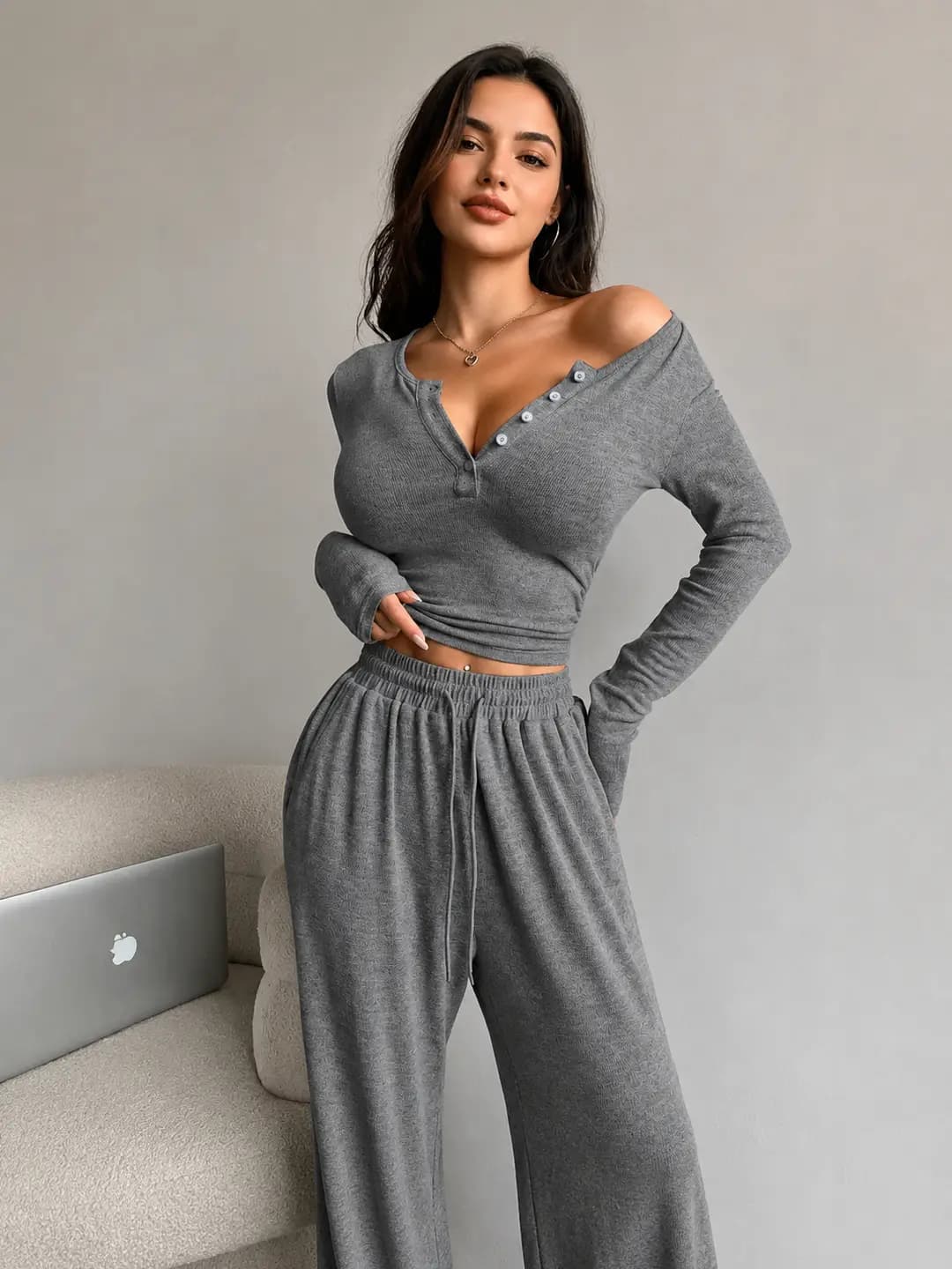 New cropped slim v-neck button long-sleeve tee and wide-leg pants set in european-american style