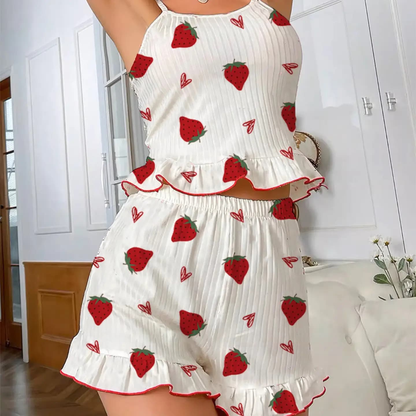 Women's ribbed camisole and shorts two-piece set with strawberry heart print, sweet and cute
