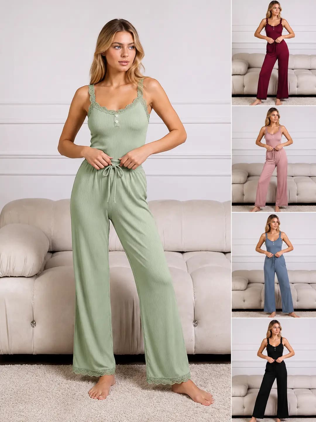 Women's summer lace-trim camisole and long pants pajama two-piece, sexy western-style loungewear