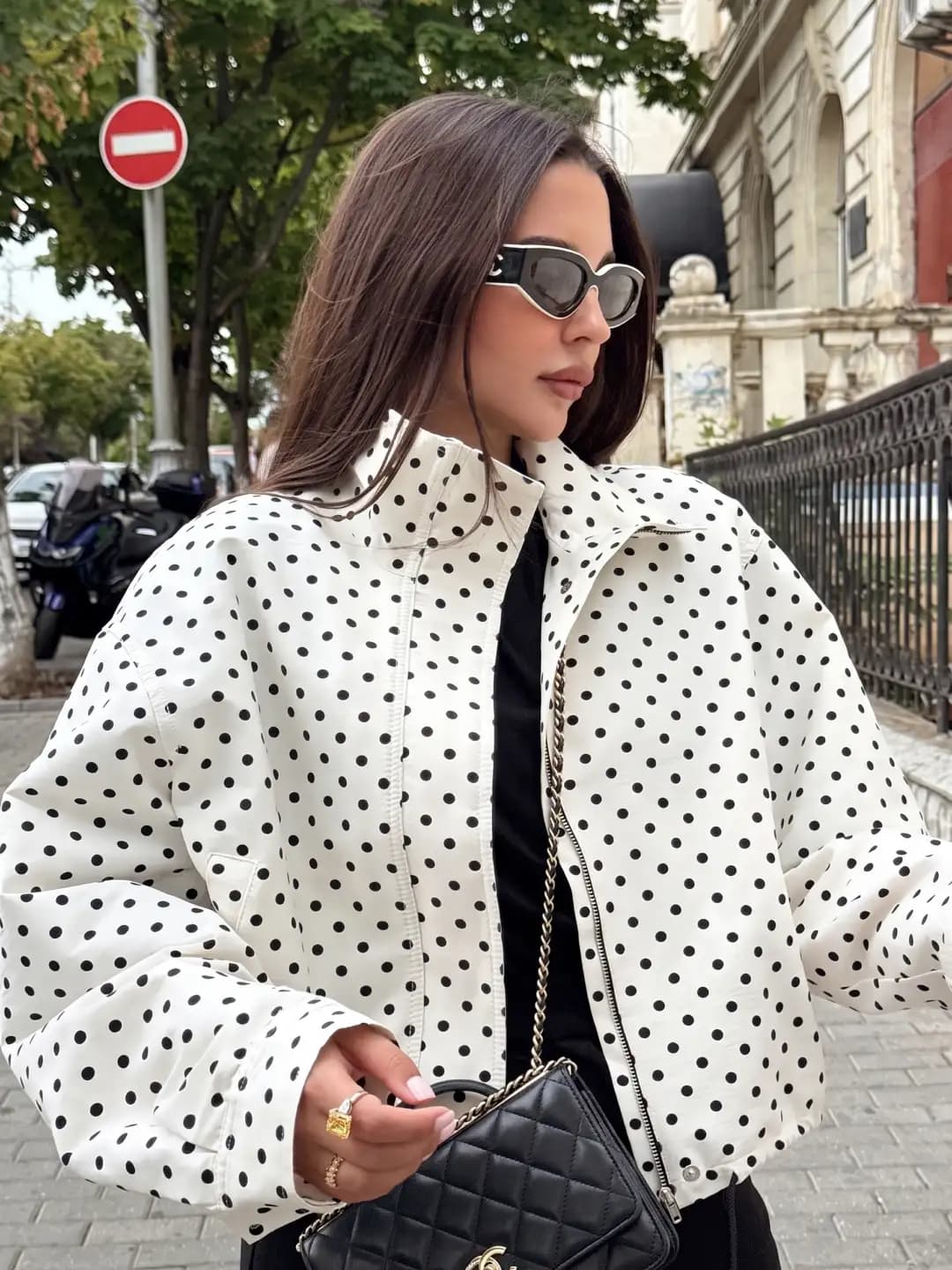 Women's white polka dot stand collar flight jacket for fall and winter