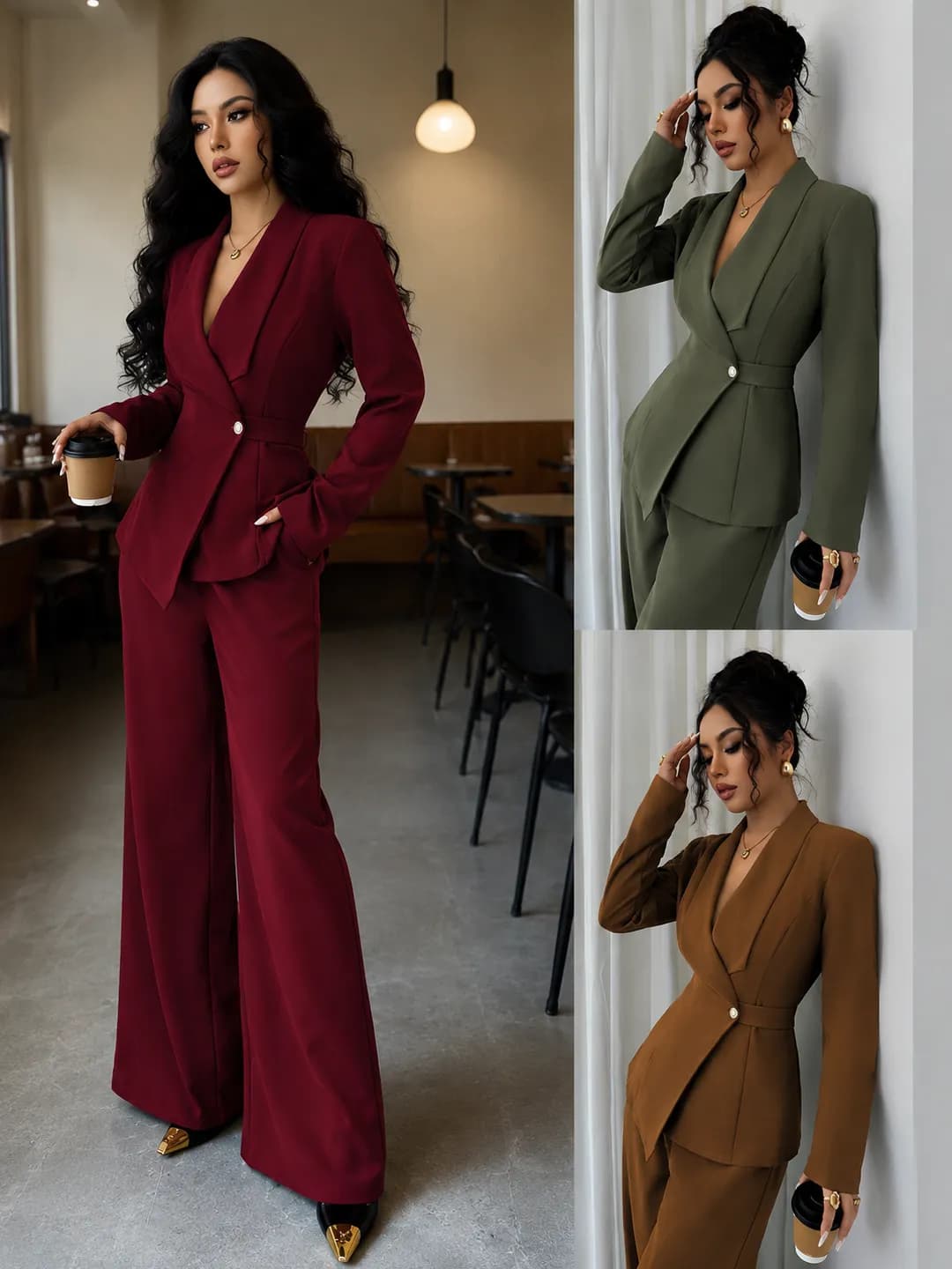 Autumn women's European style long sleeve blazer and straight pants set