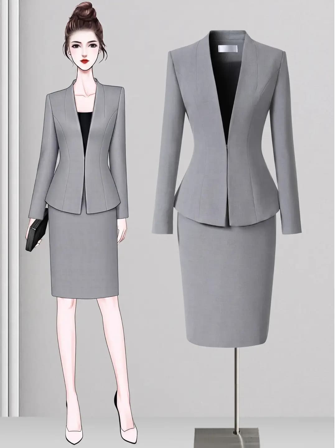 Women's gray collarless blazer, elegant professional suit