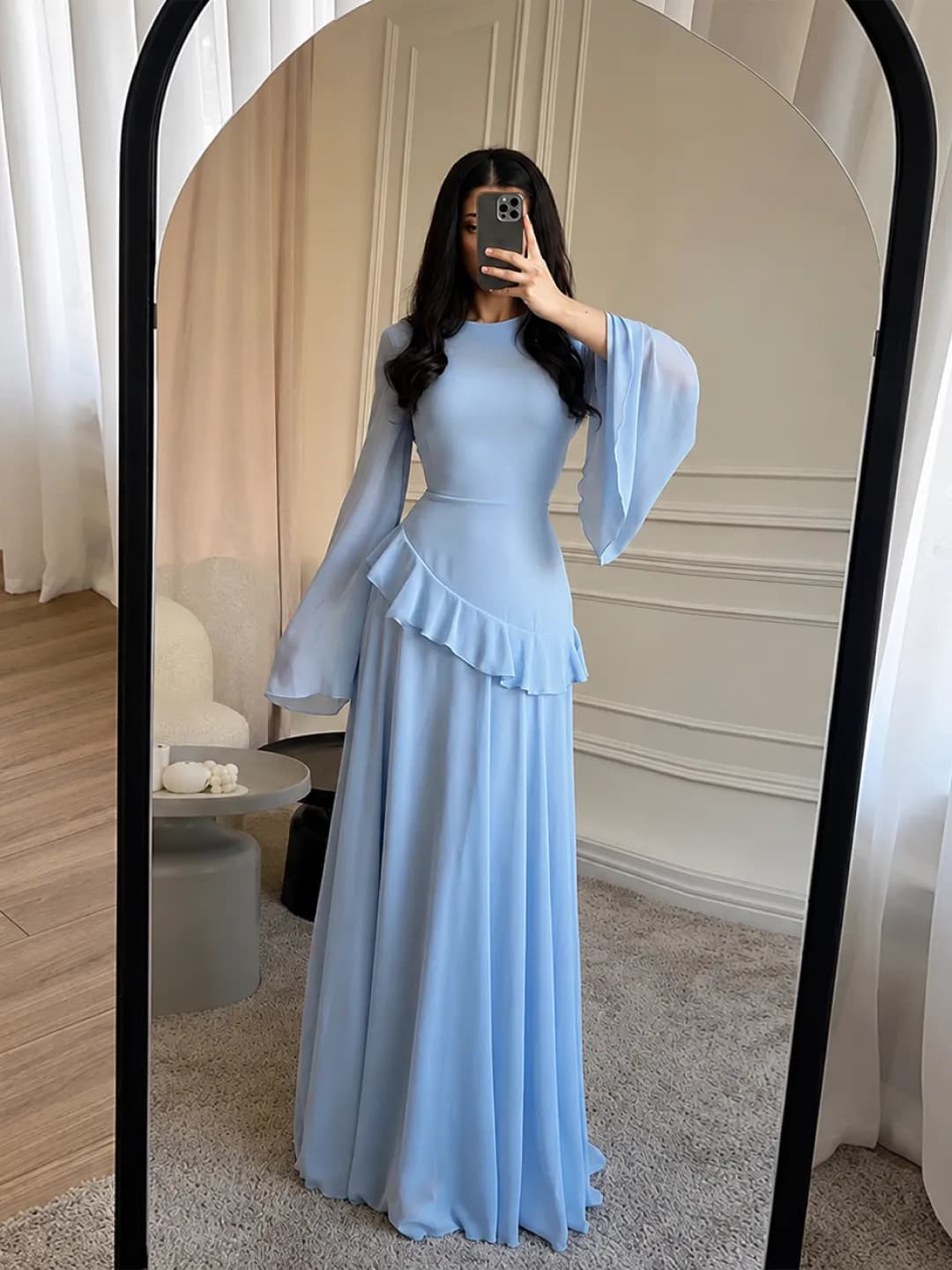 2026 women's round-neck long-sleeve ruffled top with cinched waist and flared long skirt set