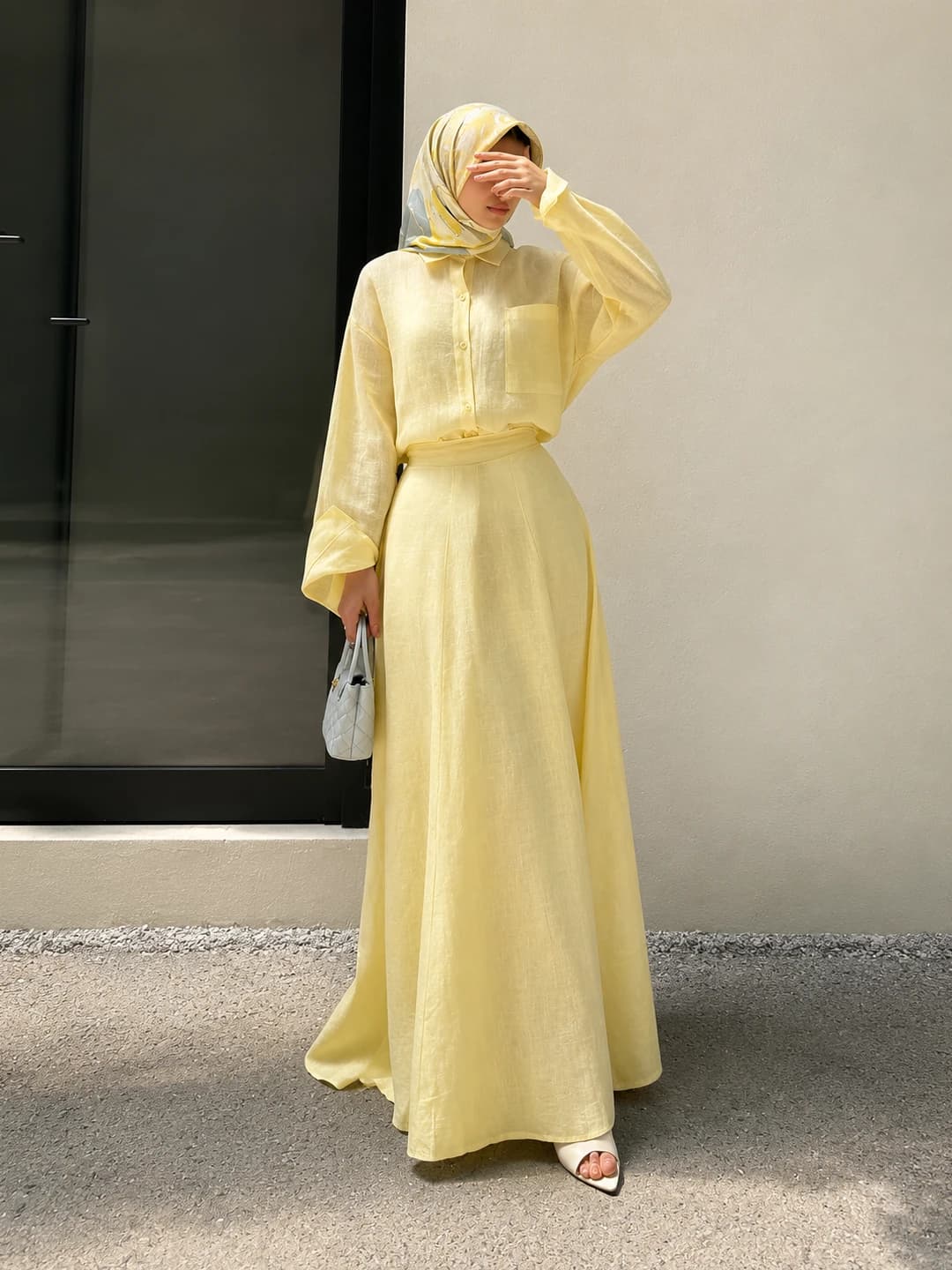 Women's solid long-sleeve button top and fitted maxi skirt casual set