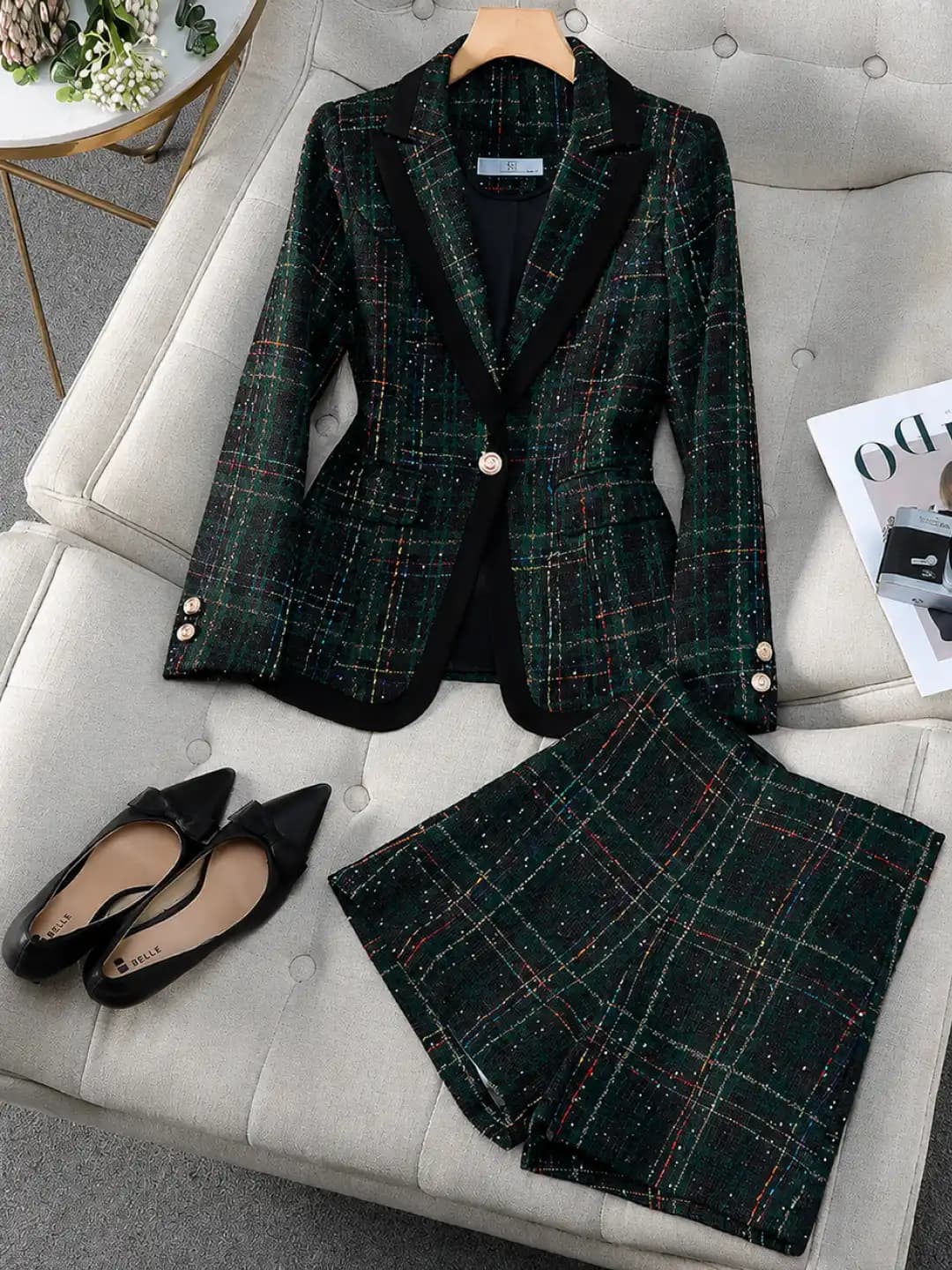 Spring autumn trendy plaid blazer and shorts set, stylish suit for petite women