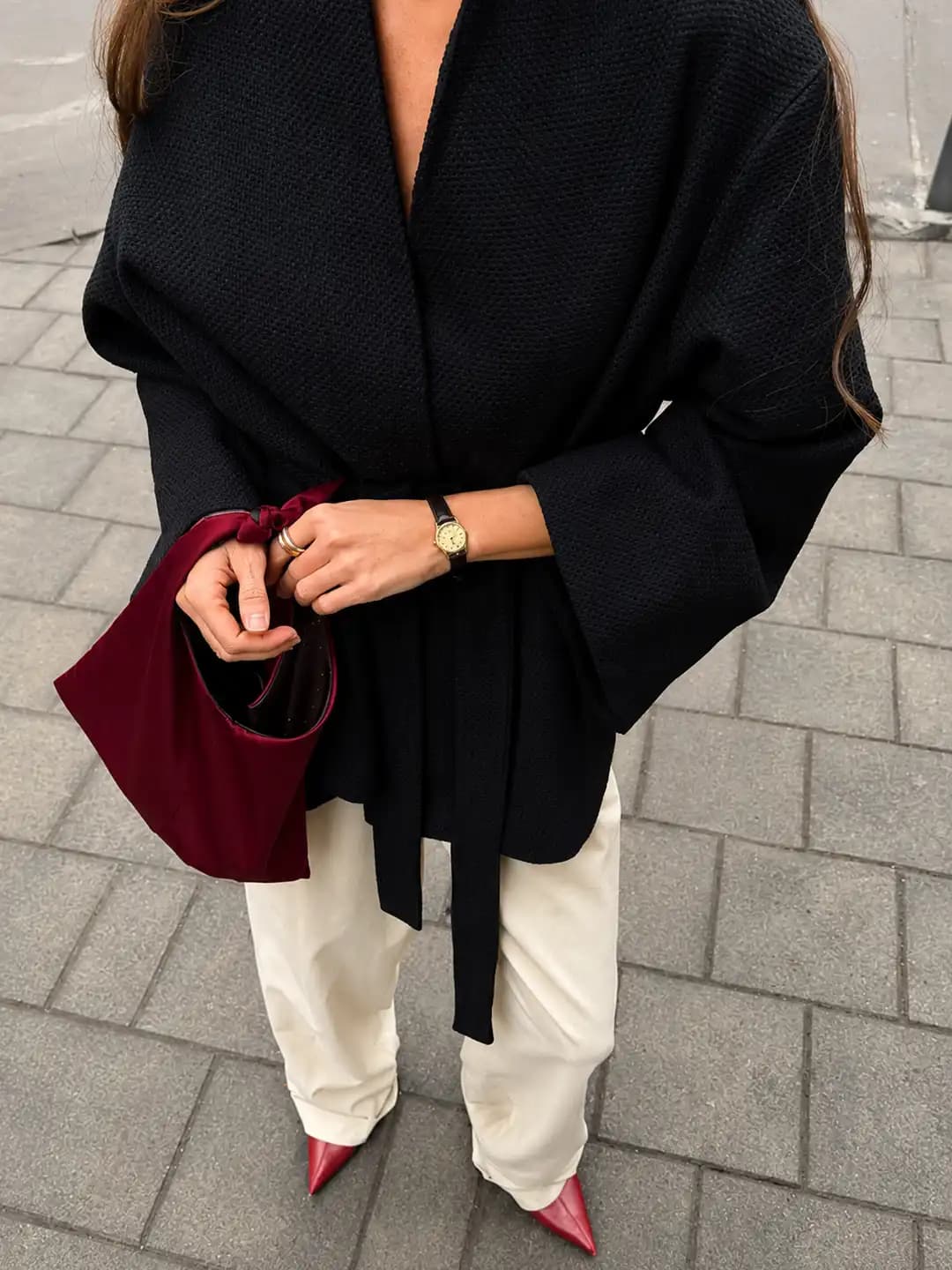 Autumn new v-neck tie Chanel-style long-sleeve jacket, chic designer look