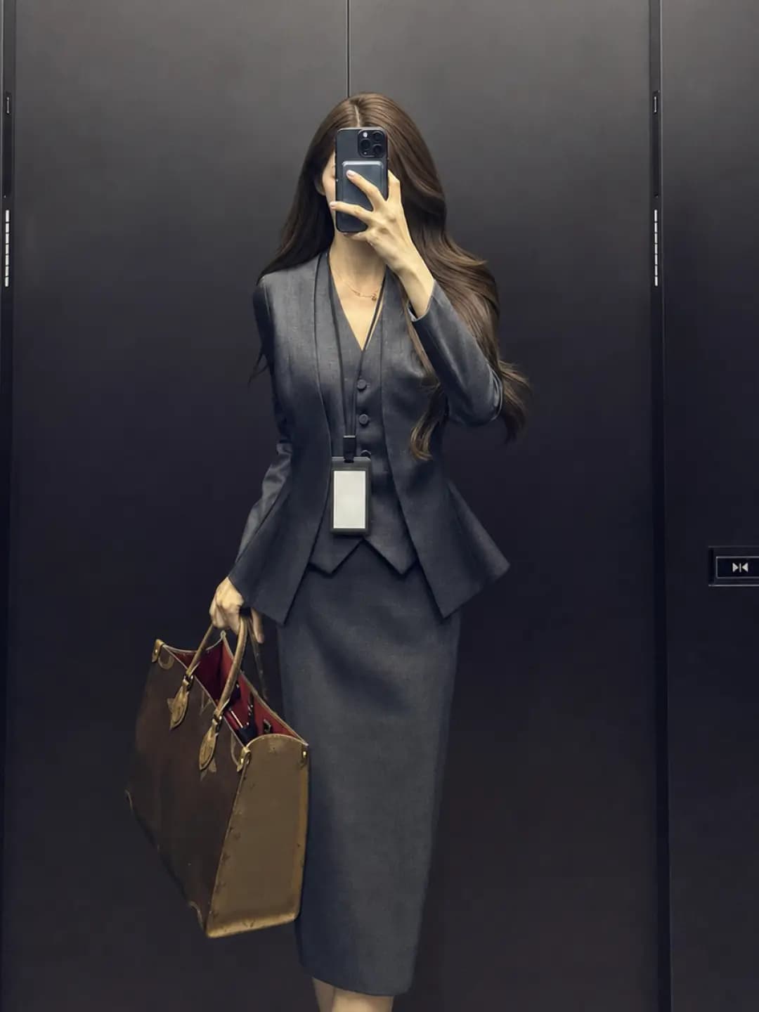 Vest and skirt suit, confident boss-lady style, autumn/winter