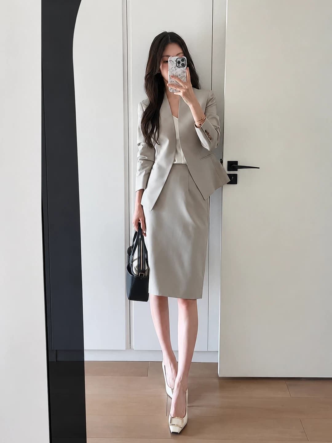 Stylish high-end professional early autumn blazer and pencil skirt set