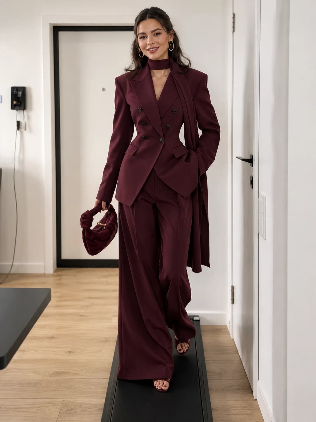 Women's autumn stylish comfy office suit with blazer and wide leg pants