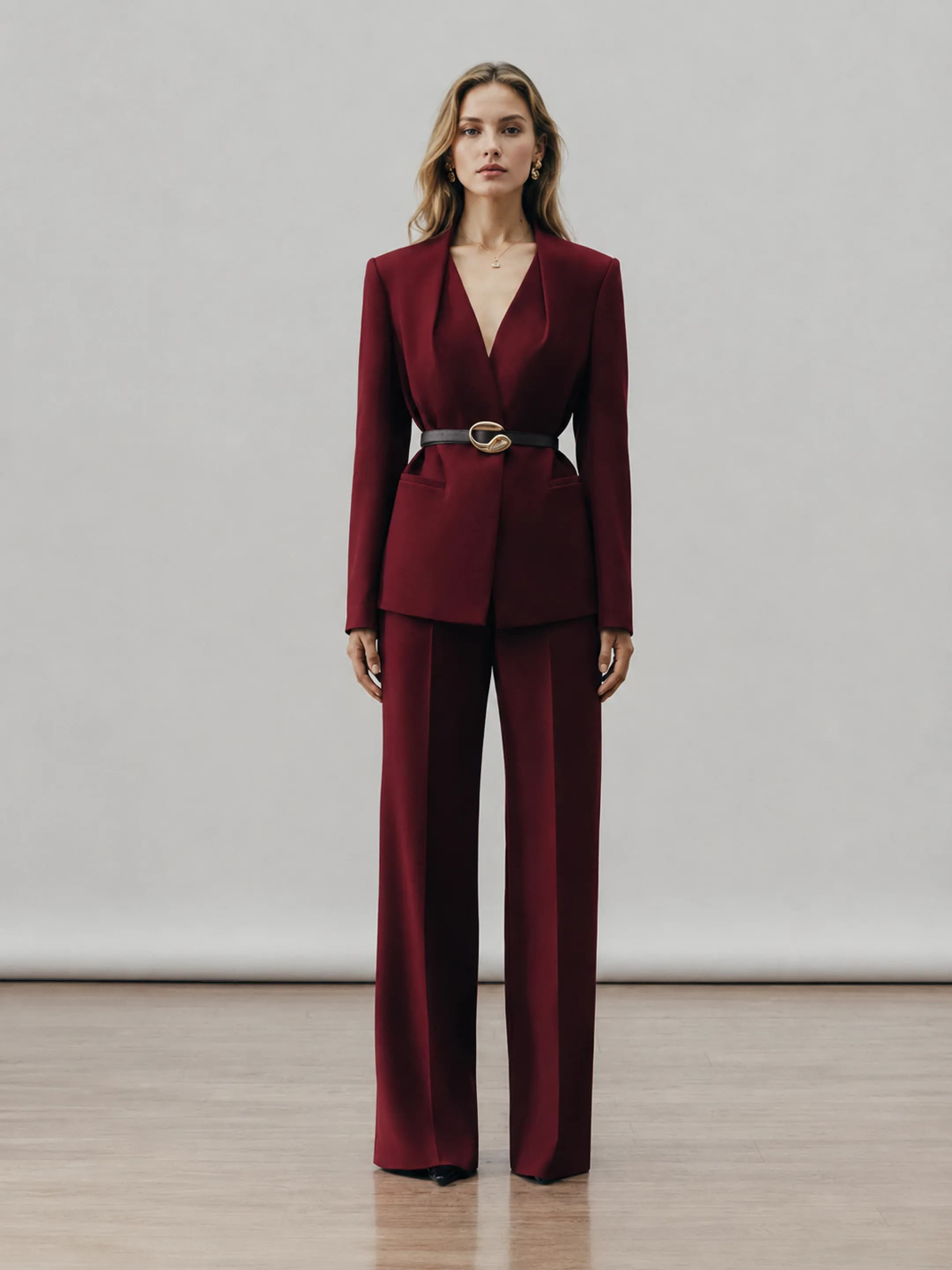 Burgundy luxe eye-catching women's suit with wide-leg trousers, spring/autumn two-piece
