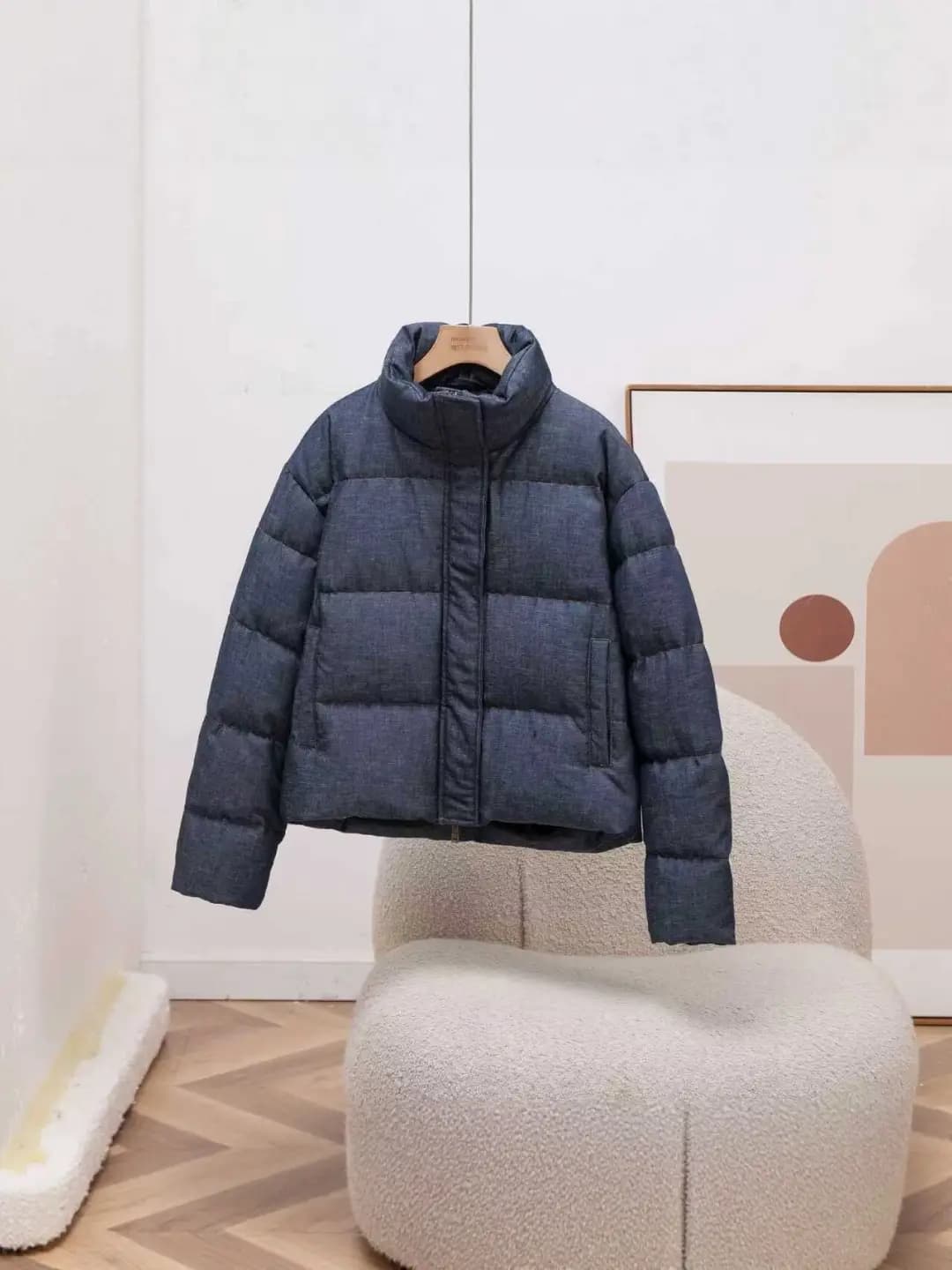 2026 denim casual short down jacket with stand collar and pockets, white duck down, long sleeves, lightweight