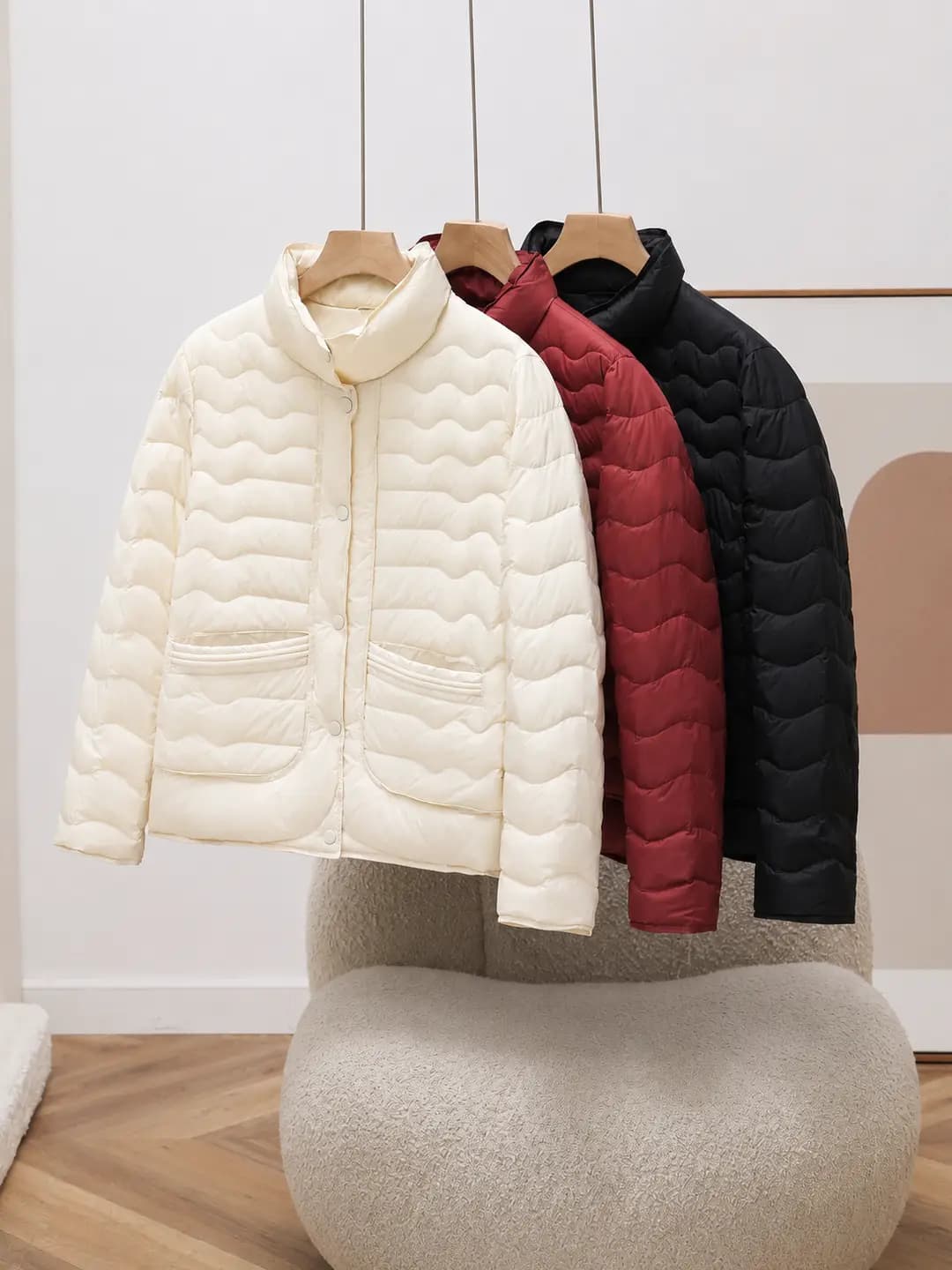 2026 Women's short petite lightweight warm white duck-down puffer jacket with stand collar