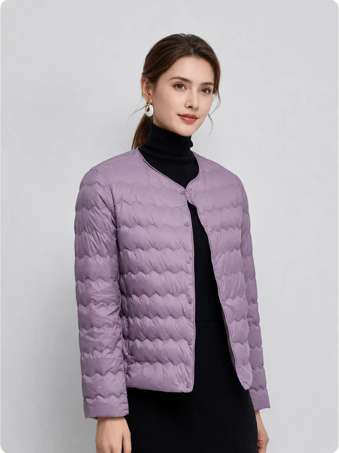 Lightweight women's short down jacket, round or v neckline, white duck down lining, warm, stylish, autumn-winter 2026