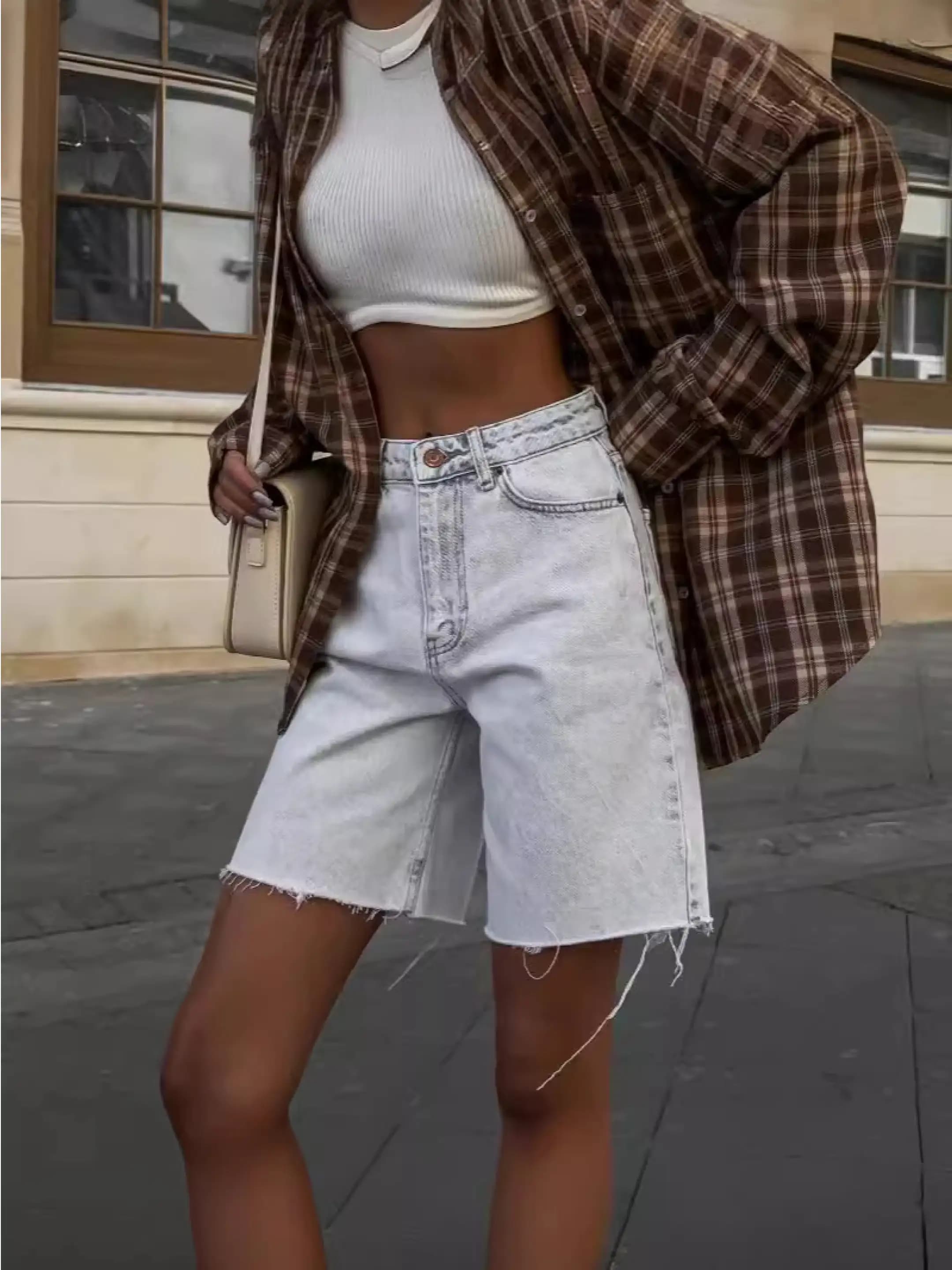 Ayollar elastik baland bel denim shortlari, gʻarbona hot-girl uslubi