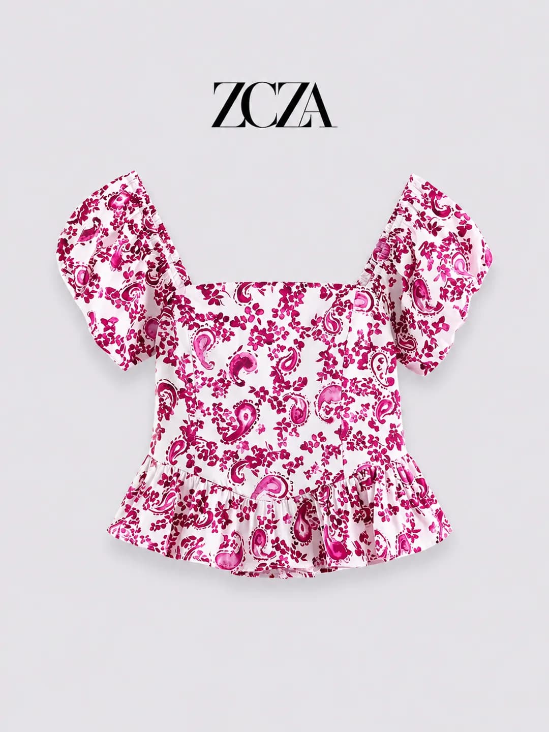 Women's peplum top with basque hem, printed, 3D effect, short sleeve, crew neck, loose fit, splicing style, street style