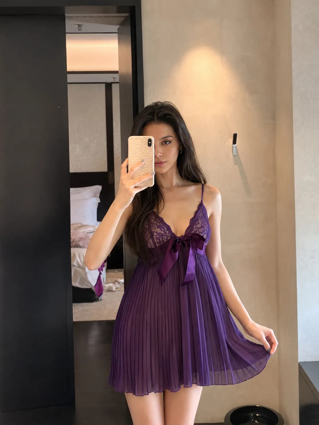 French-style pure-sexy deep-v pleated camisole nightgown with sweet bow, new loungewear
