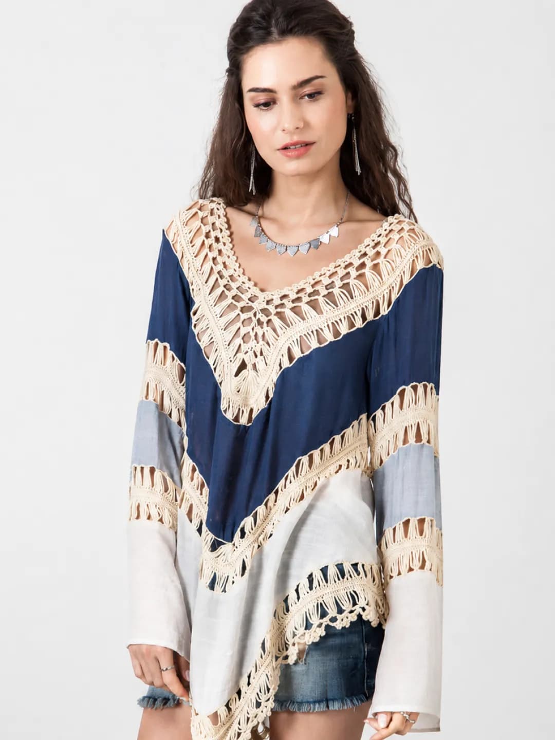 European bikini-style long cotton-linen beach cover-up for plus-size women, cutout v-shaped round neck
