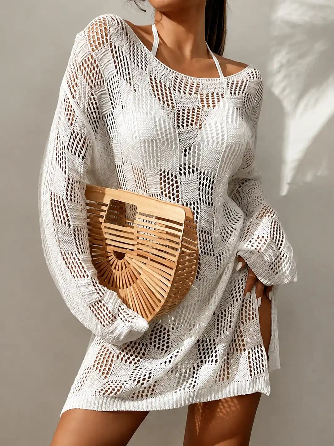 European knitted beach cover-up, loose, side-slit, openwork, long-sleeve bikini cover