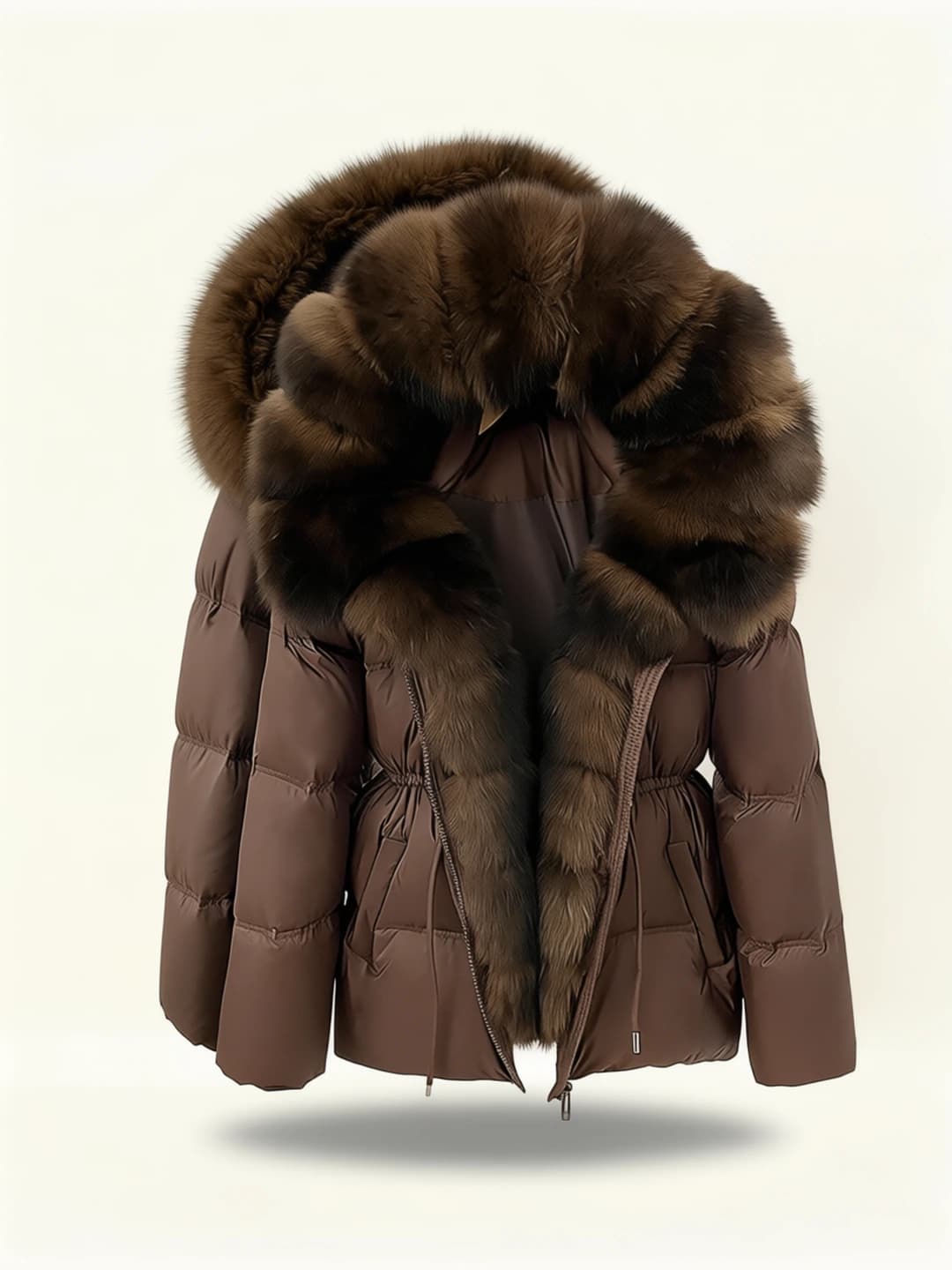 Women's winter down jacket, mid-length, slim fit, thickened, zip closure, long sleeve, detachable hood with real fox fur