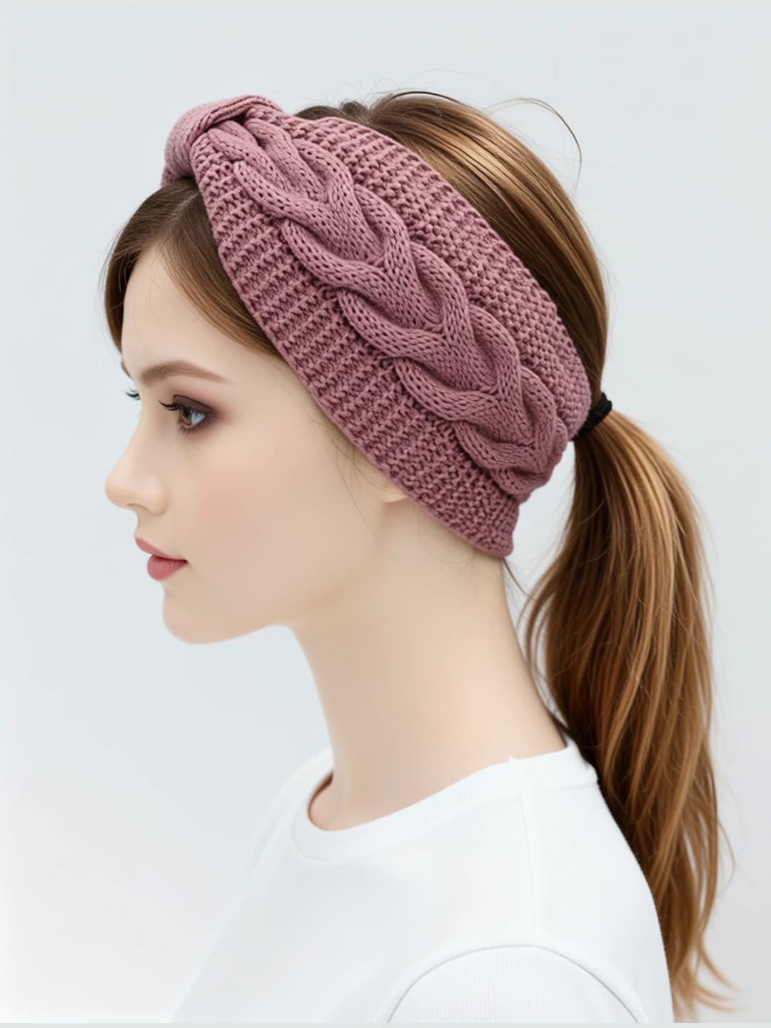 Women's fleece-lined knitted headband, warm for autumn-winter, solid color, versatile style
