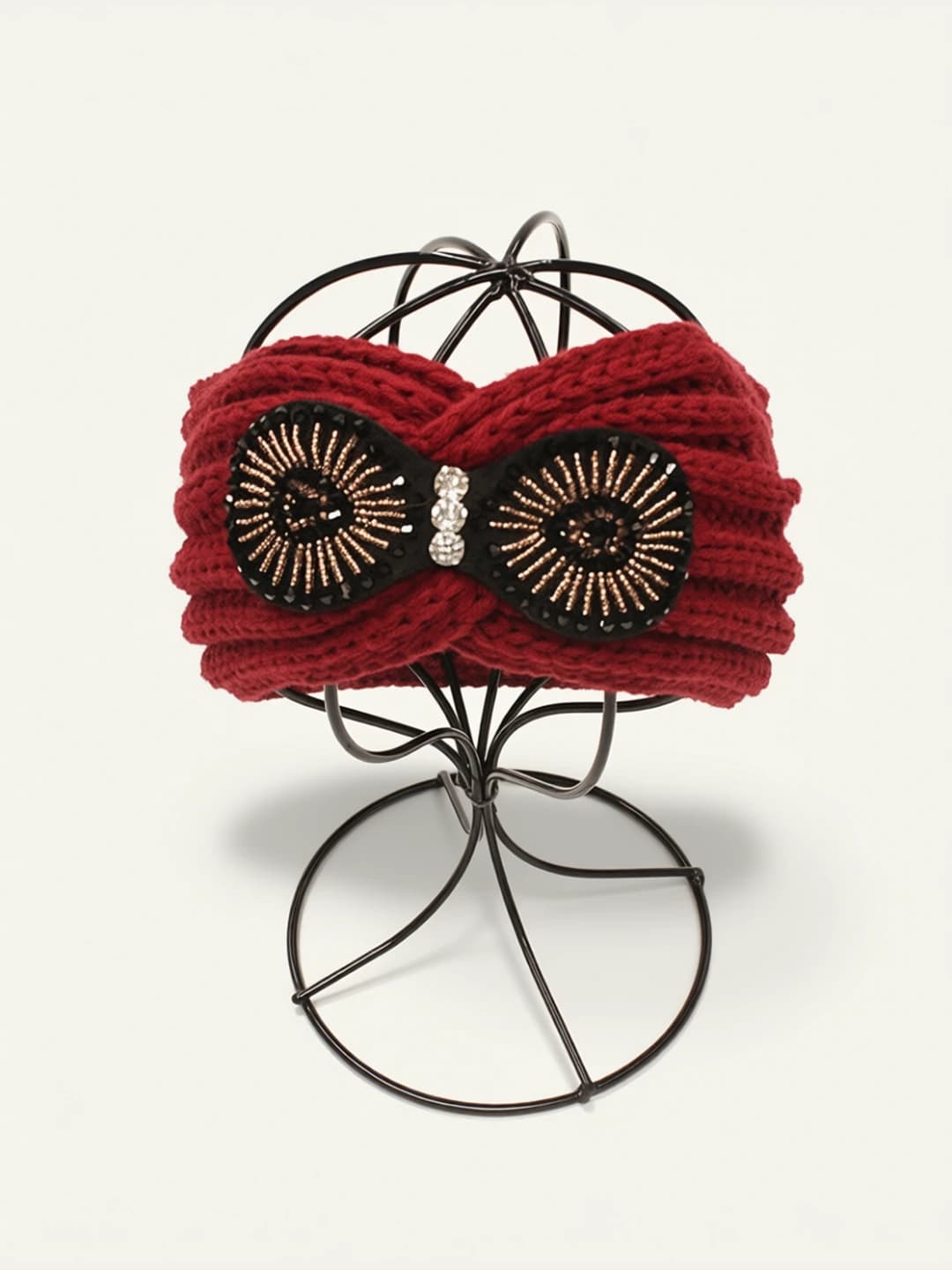 Women's warm sports and casual knitted headband, solid colour, with bow and sequins