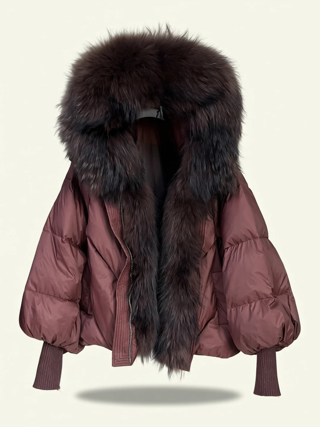 Women's winter down jacket: hooded, mid-length, thickened, loose fit, zip closure, long sleeve