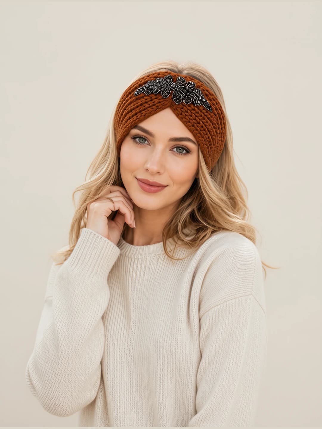 Women's warm sports knitted sequin headband, Korean style, casual, solid colour, patterned