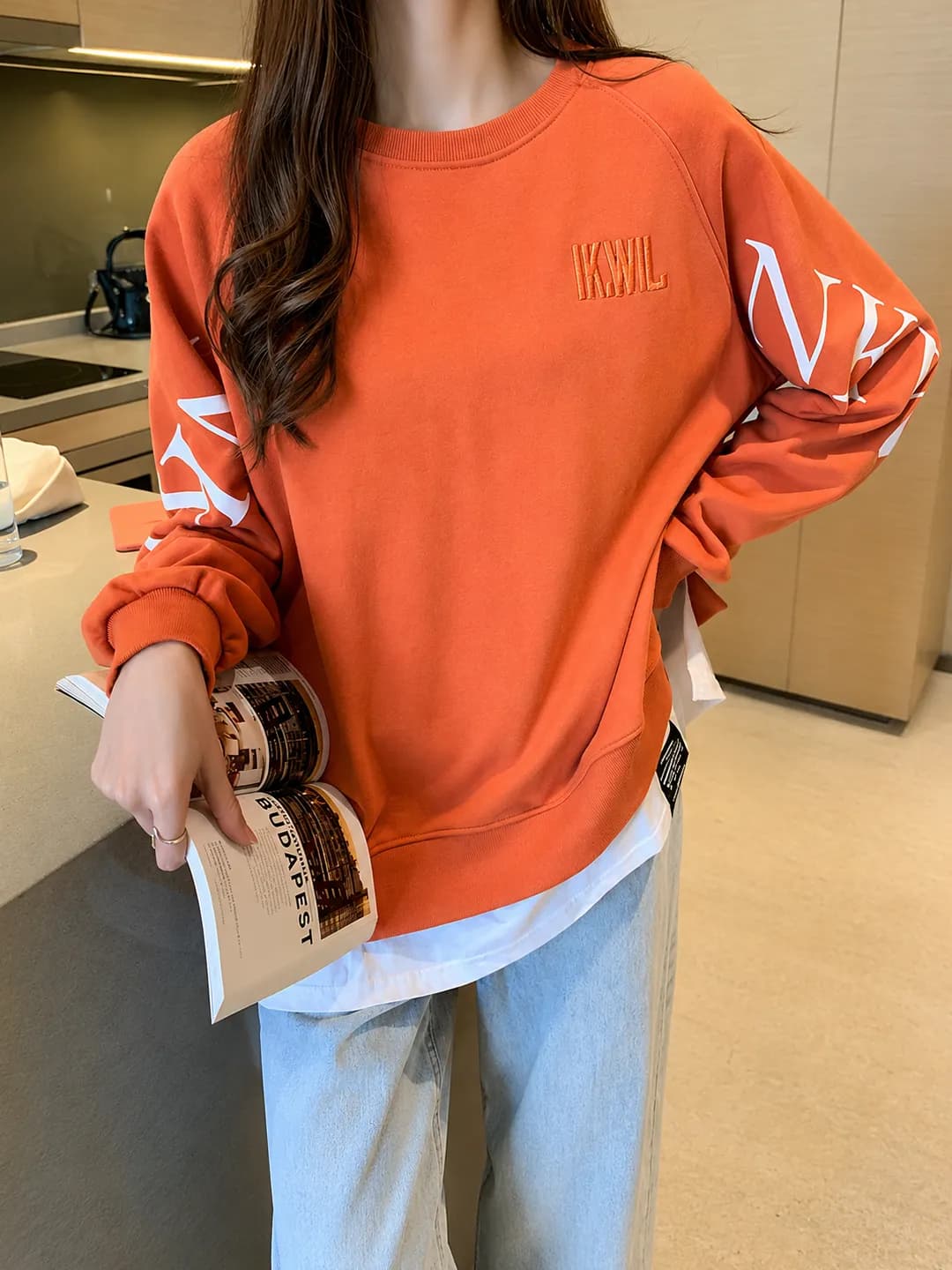 New faux two-piece long-sleeve women's sweatshirt, loose Korean thin summer round-neck with letter print