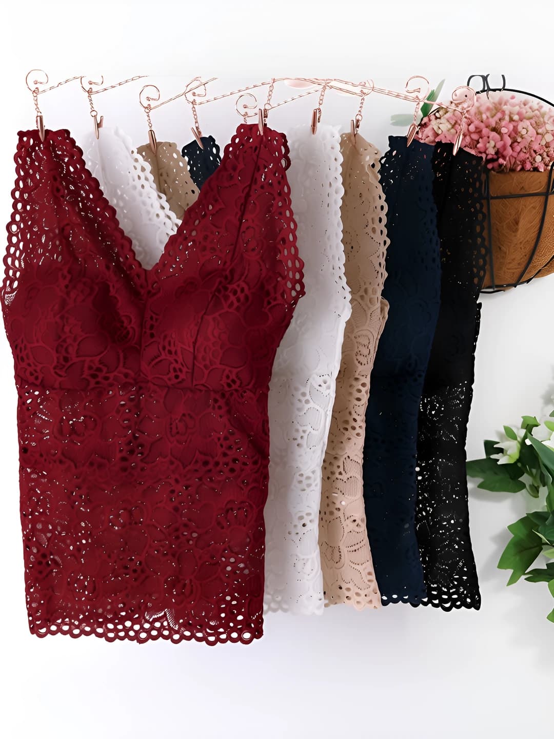 Women's lace tank top, underwear, with bra pads, slim fit, mid-length, V-neck, thin, summer, spring, autumn