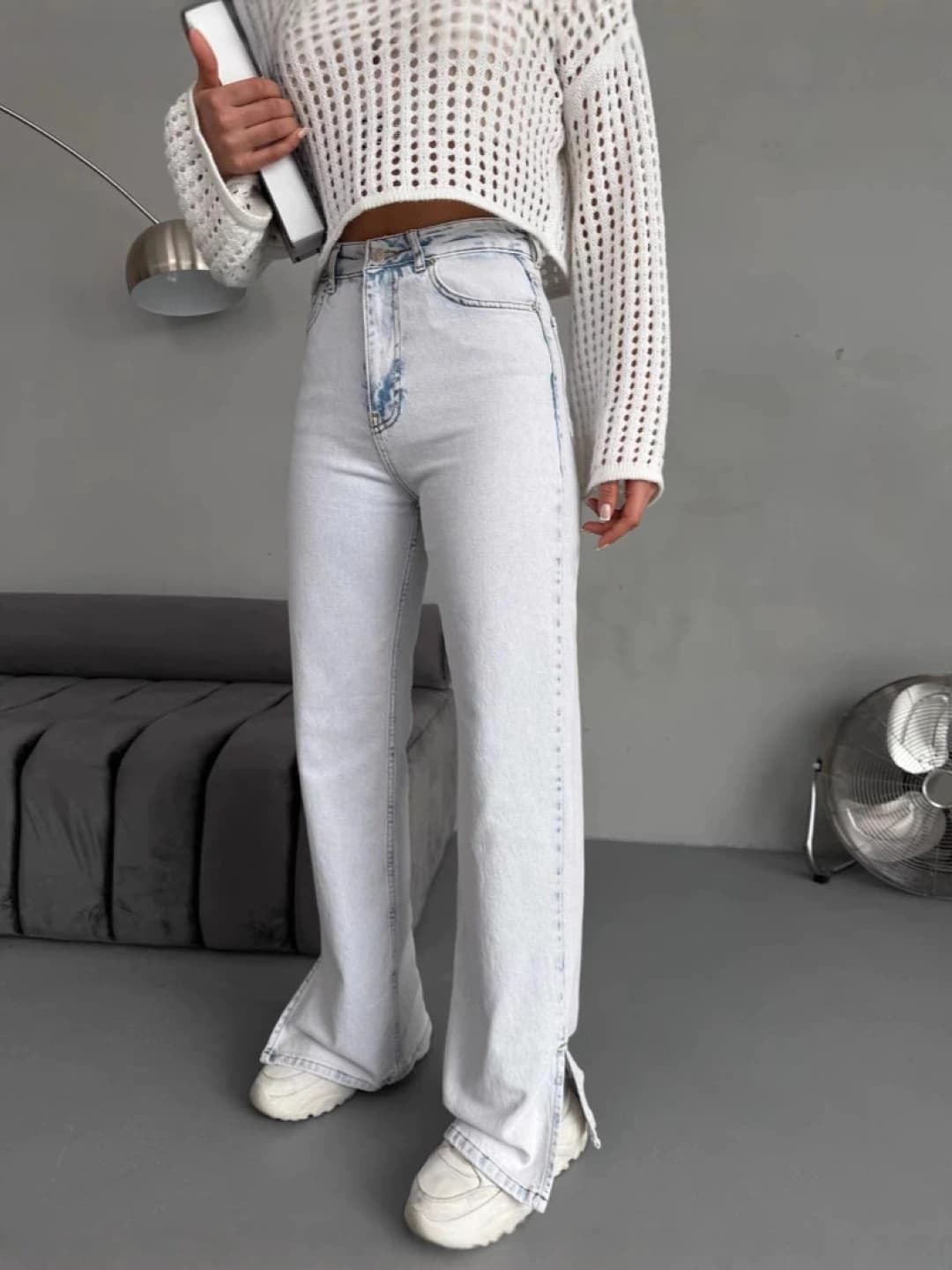 Gʻarbiy yozgi shirin-issiqli baland bel toʻgʻri kesimli yon yirtiqli denim jinslar ayollar uchun