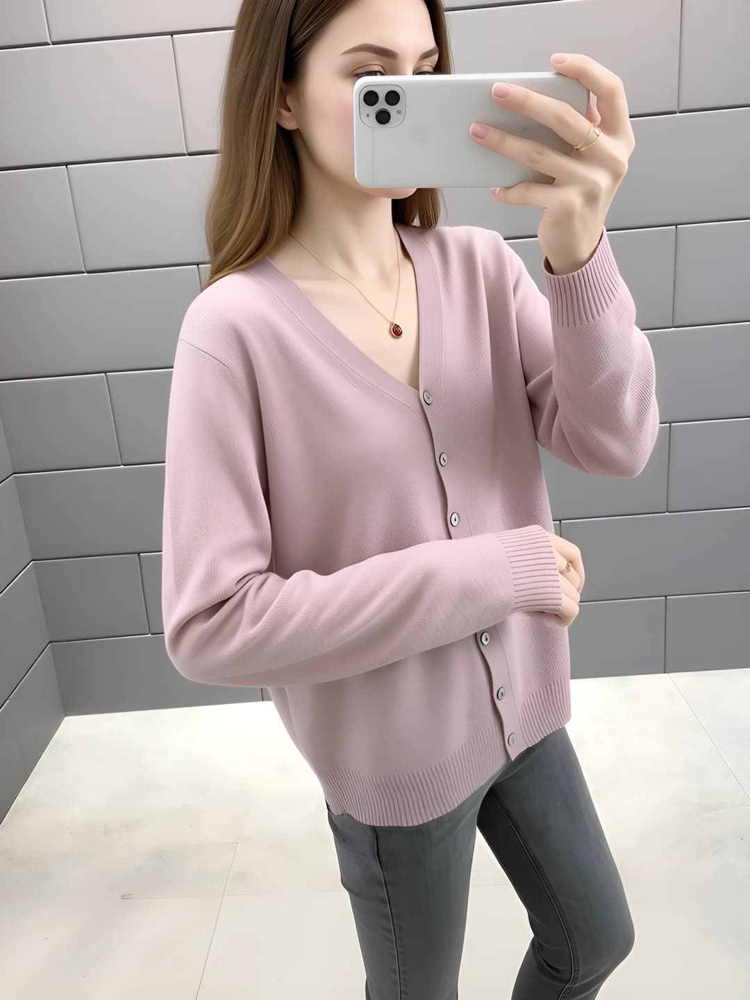 Women's ice-silk fabric cardigan, 2026 spring-summer, thin, long sleeve, V-neck, solid colour, loose fit, cropped