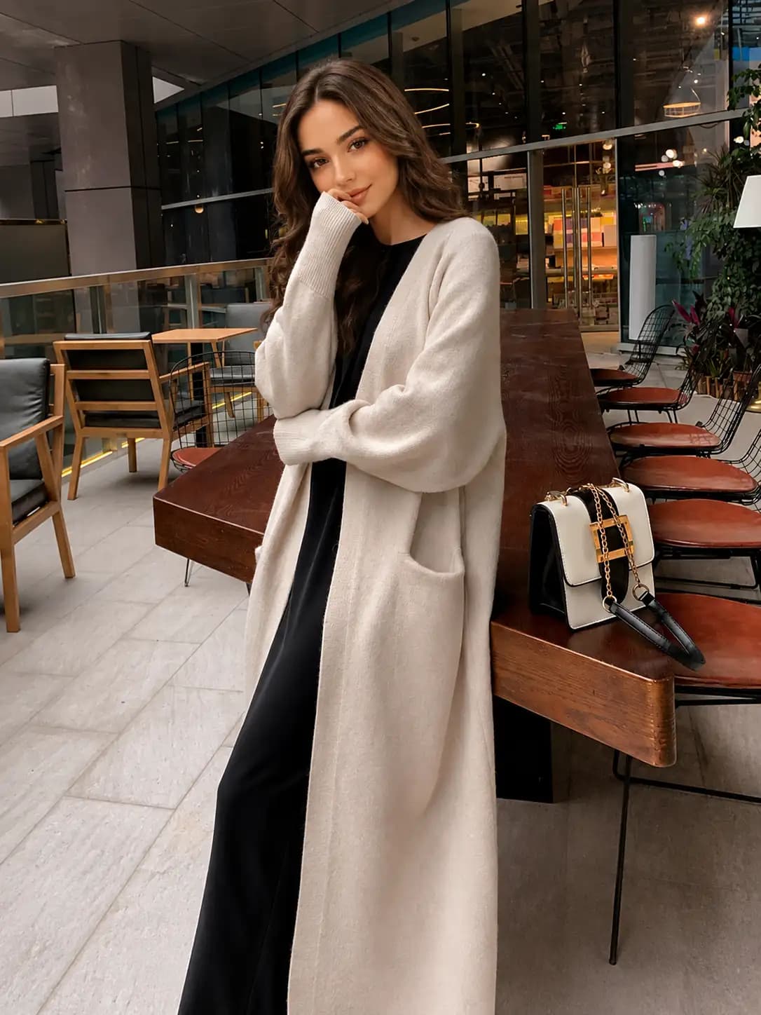 Women's mid-length solid colour V-neck loose fit cardigan, autumn-winter 2026