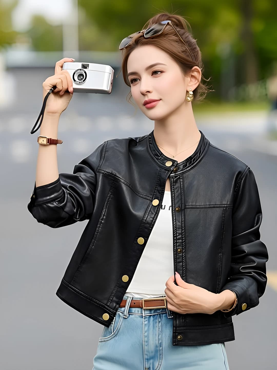 Ayollar uchun PU kurtka, tik yoqa, uzun yeng, bo'sh (oversize) kesim, fermuar, kundalik, kuz-qish