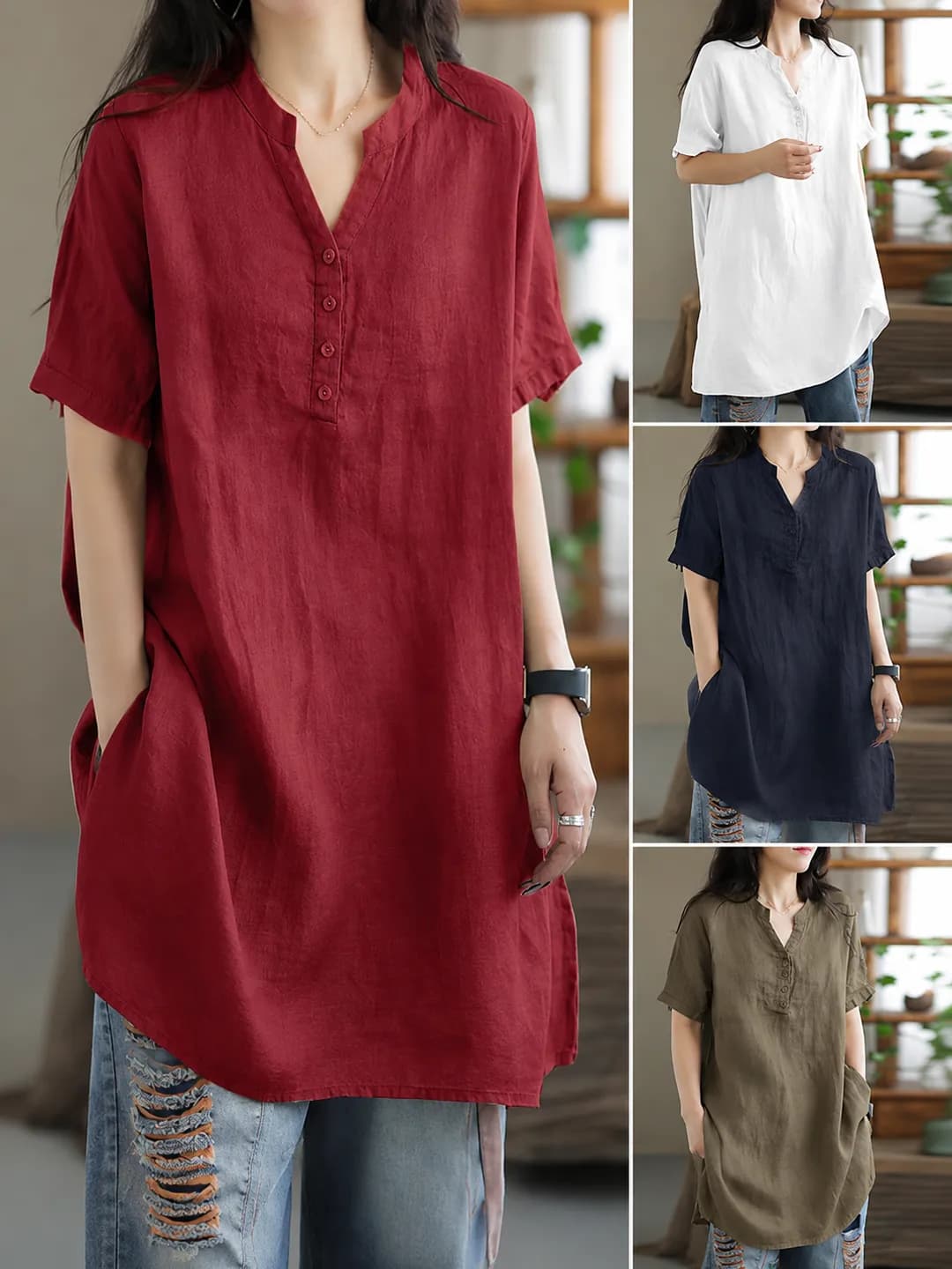 Spring-summer new women's solid short-sleeve twist-button top, western style