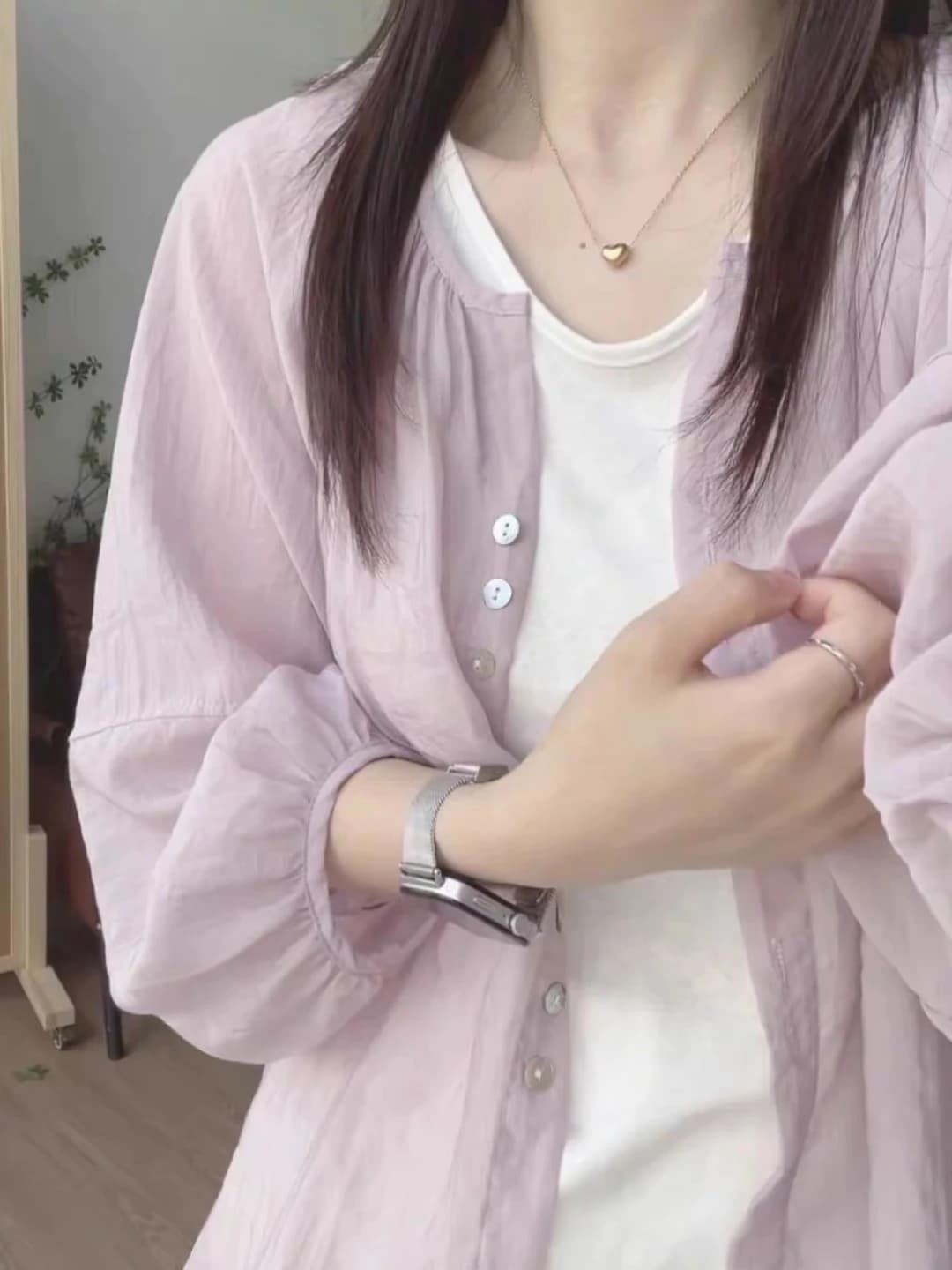 French soft purple tencel-linen sun-protective summer thin shirt jacket with loose lantern sleeves