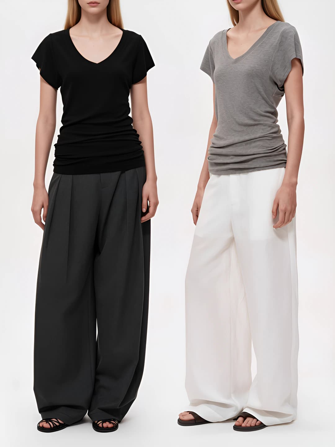 Women's T-shirt in Tencel and wool, slim fit, V-neck, short sleeve, solid colour