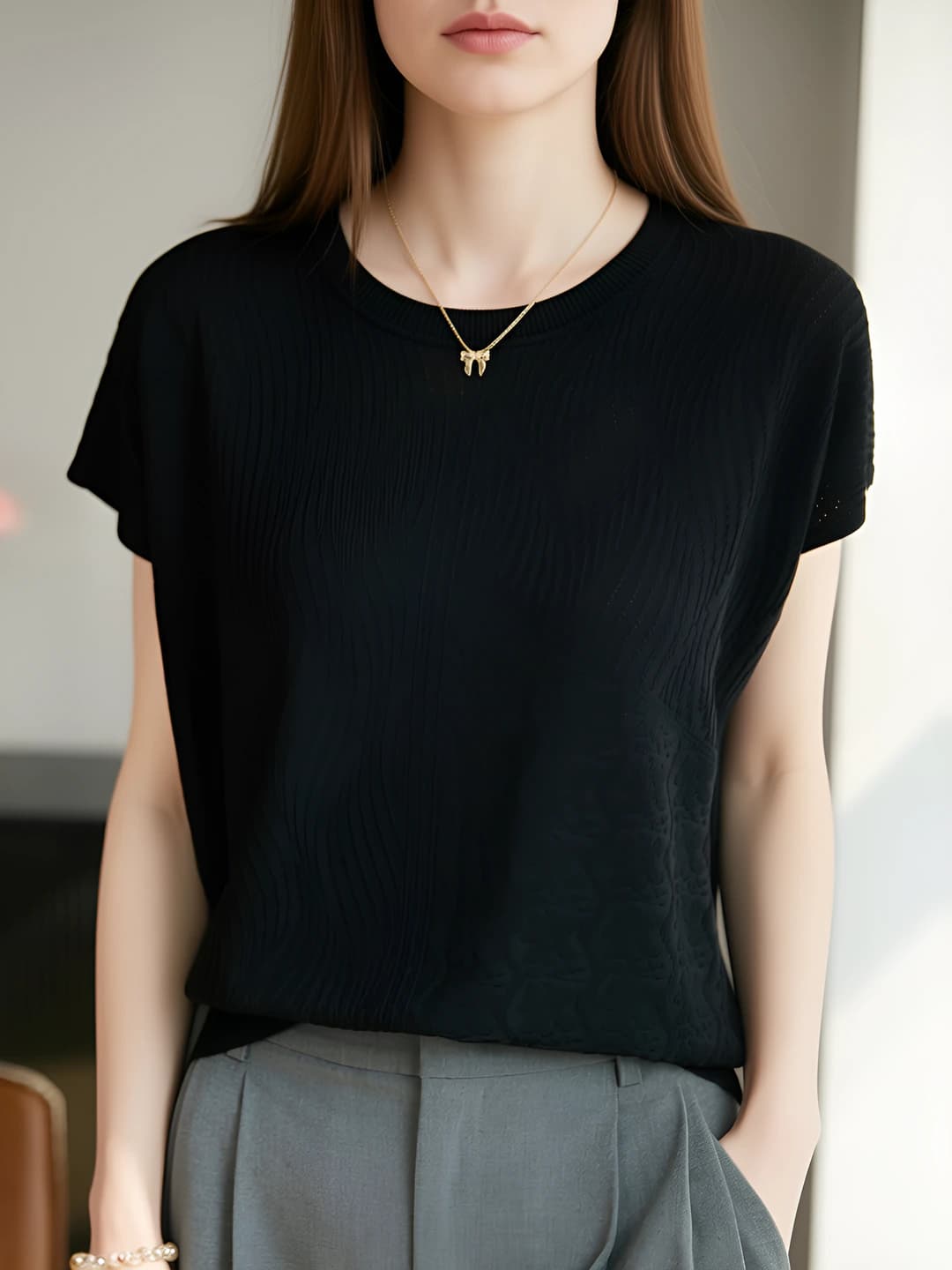 Women's summer ice-silk fabric thin short sleeve knit top, crew neck, solid colour, loose fit