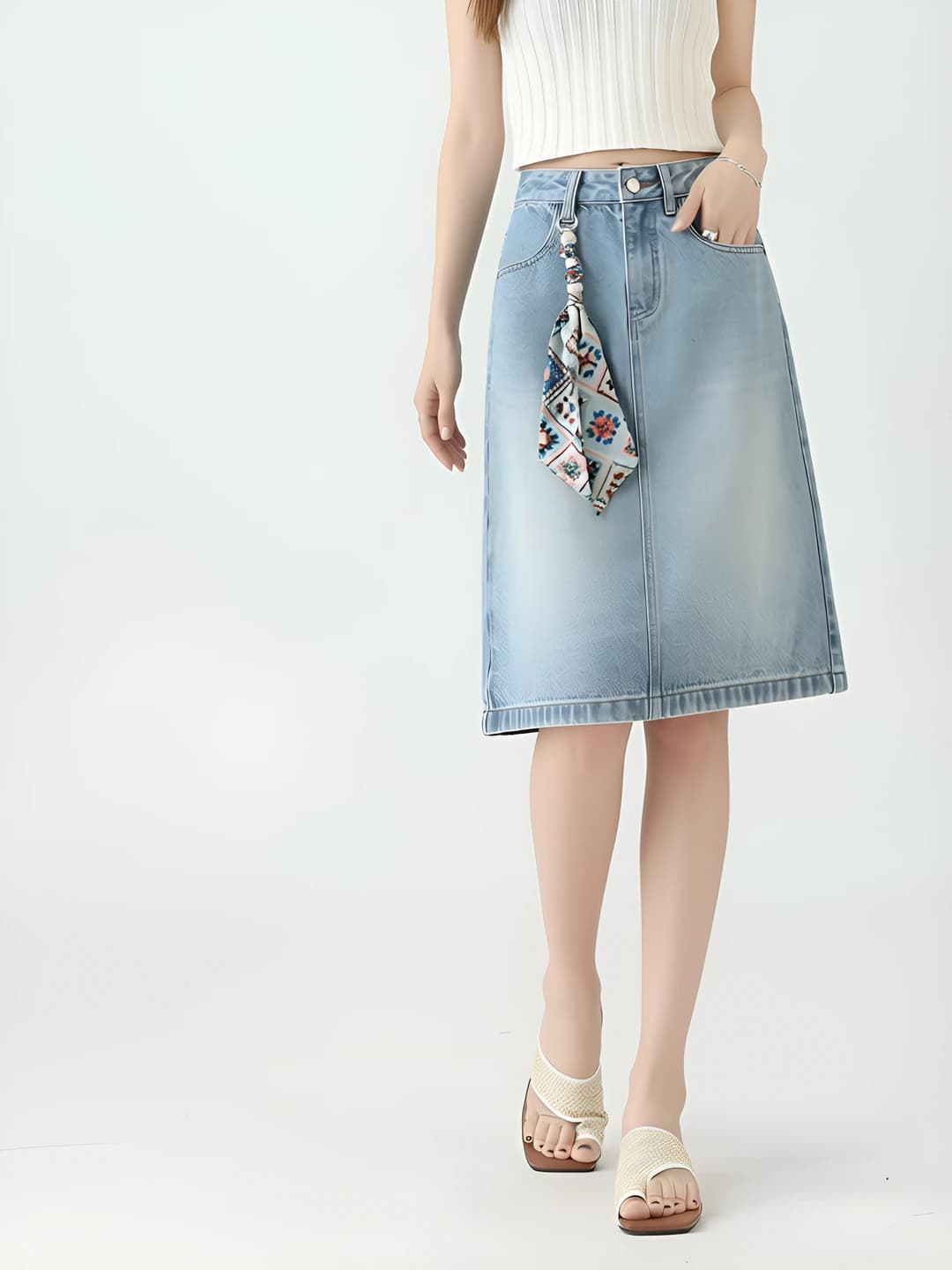 Women's 2026 thin denim A-line midi skirt, high waist, retro style, for petite