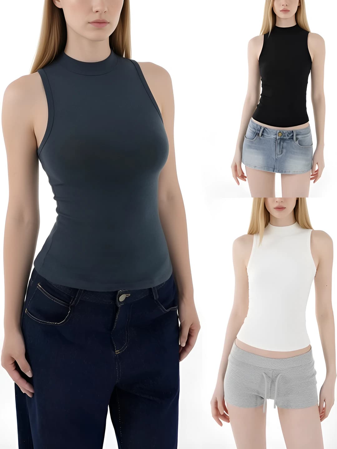 Women's retro sports mock neck sleeveless tank top, slim fit stretch, solid colour, for inner layer or outerwear