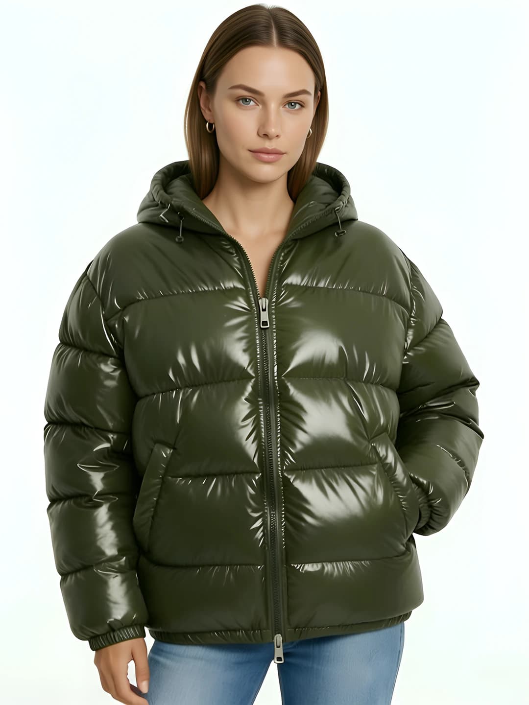 Women's down jacket: padded, zip closure, solid colour, loose fit, long sleeve, sports style, winter outerwear