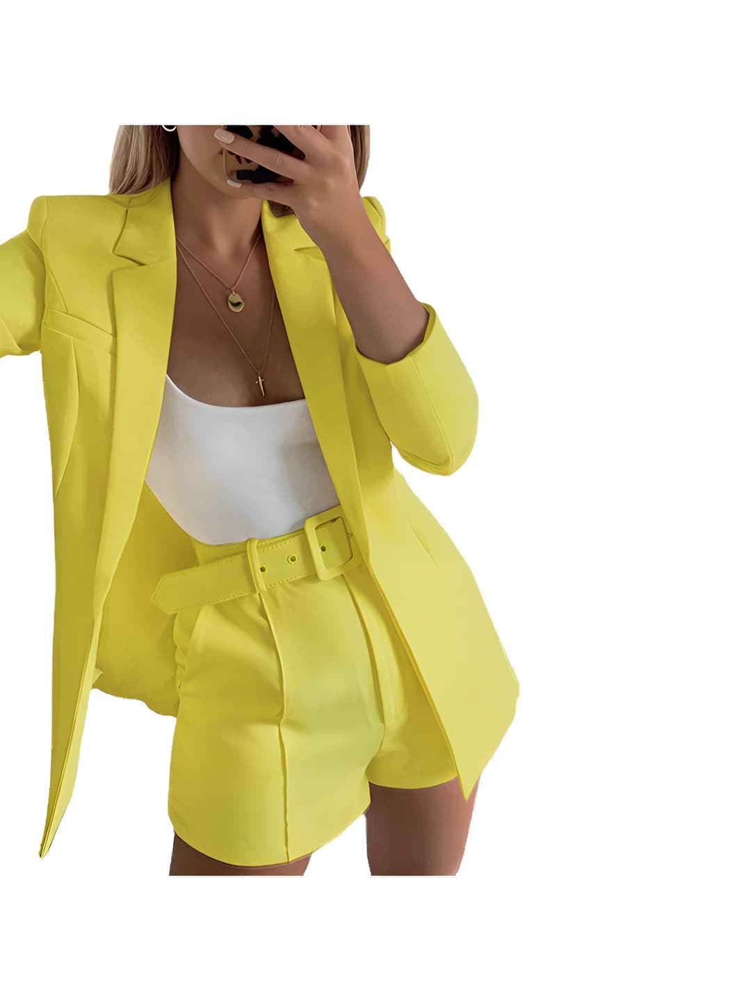 Women's blazer and shorts suit set 2026: slim fit, long sleeve, with collar, solid colour, casual style