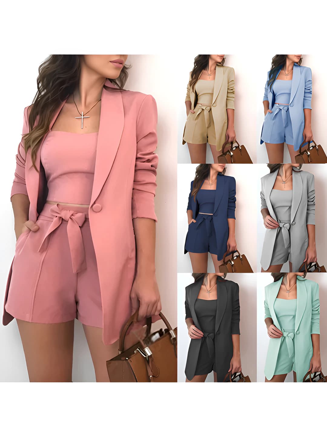 Women's 2026 spring-summer solid colour blazer with tank top and high waist knee-length shorts set