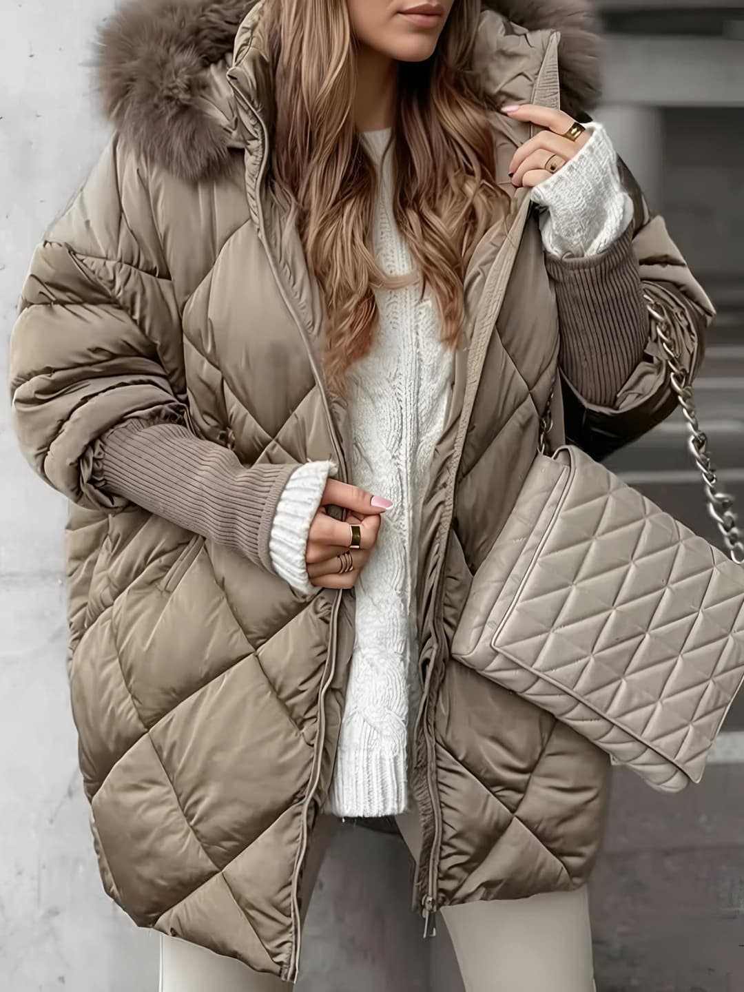 Women's padded winter coat: cotton-filled, zip closure, long sleeve, mid-length, hooded collar, thick, street style