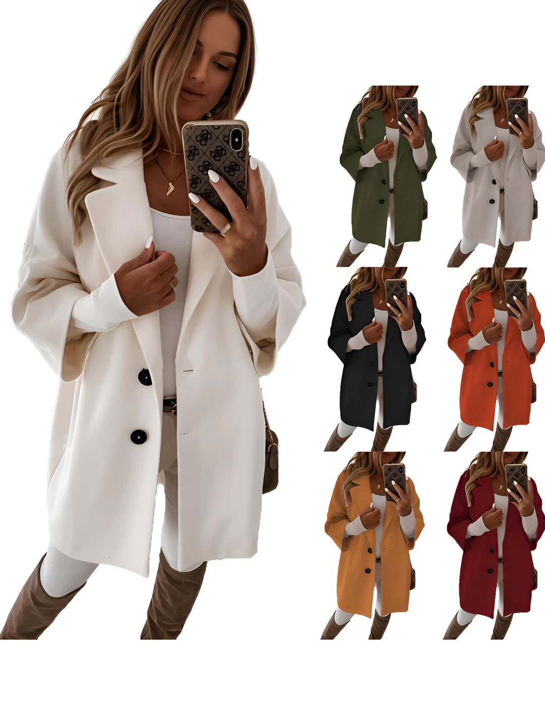 Women's autumn-winter three-quarter sleeve, buttoned, lapel collar, pockets, loose fit, long, solid colour, polyester outerwear