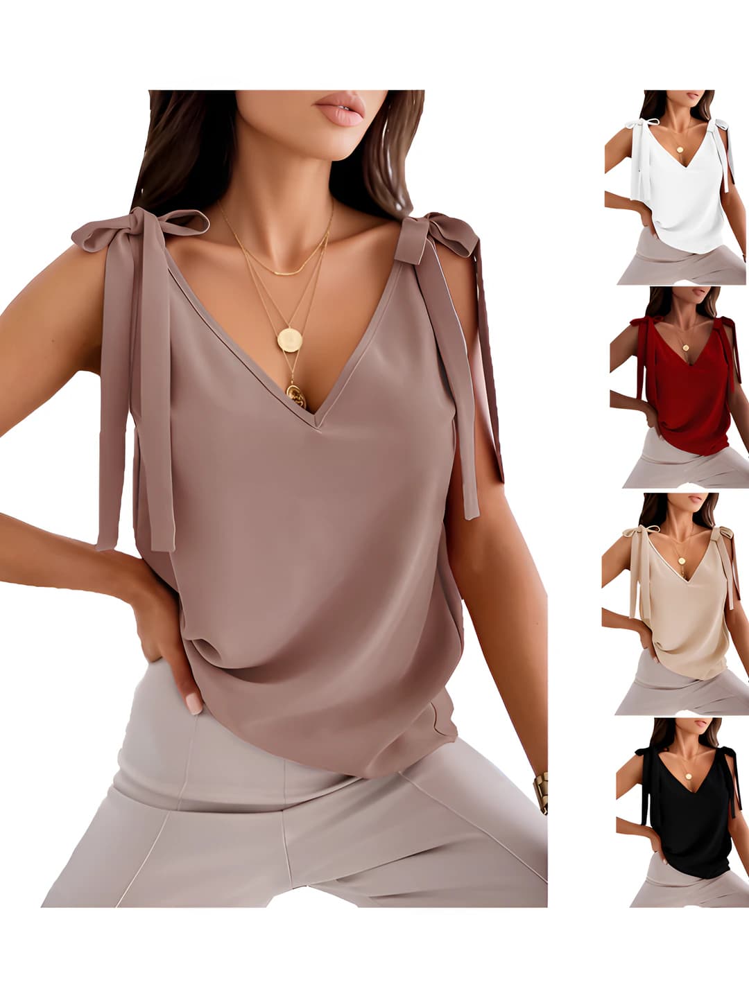2026 women's sleeveless tie-strap top with V-neck in retro style