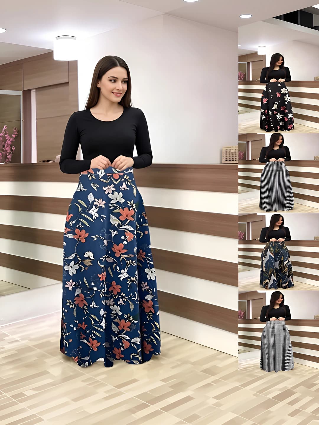 Women's floral print A-line wide maxi skirt with color blocking, long sleeve, crew neck, slim fit