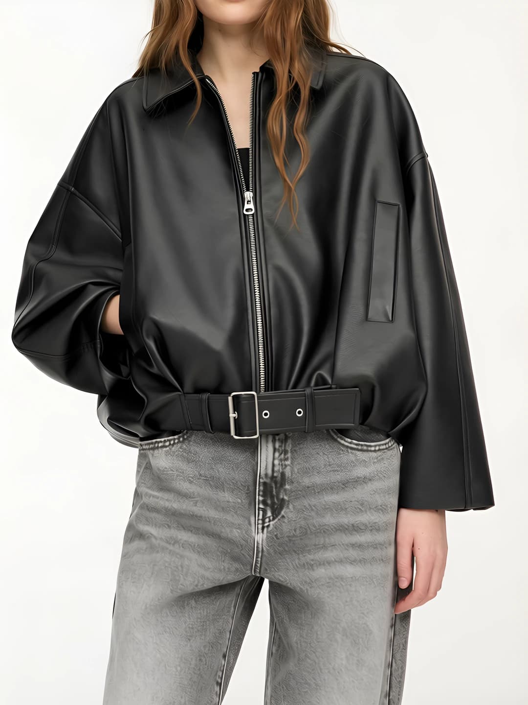 Women's PU leather biker jacket, retro, casual, loose fit, lapel collar, autumn-winter