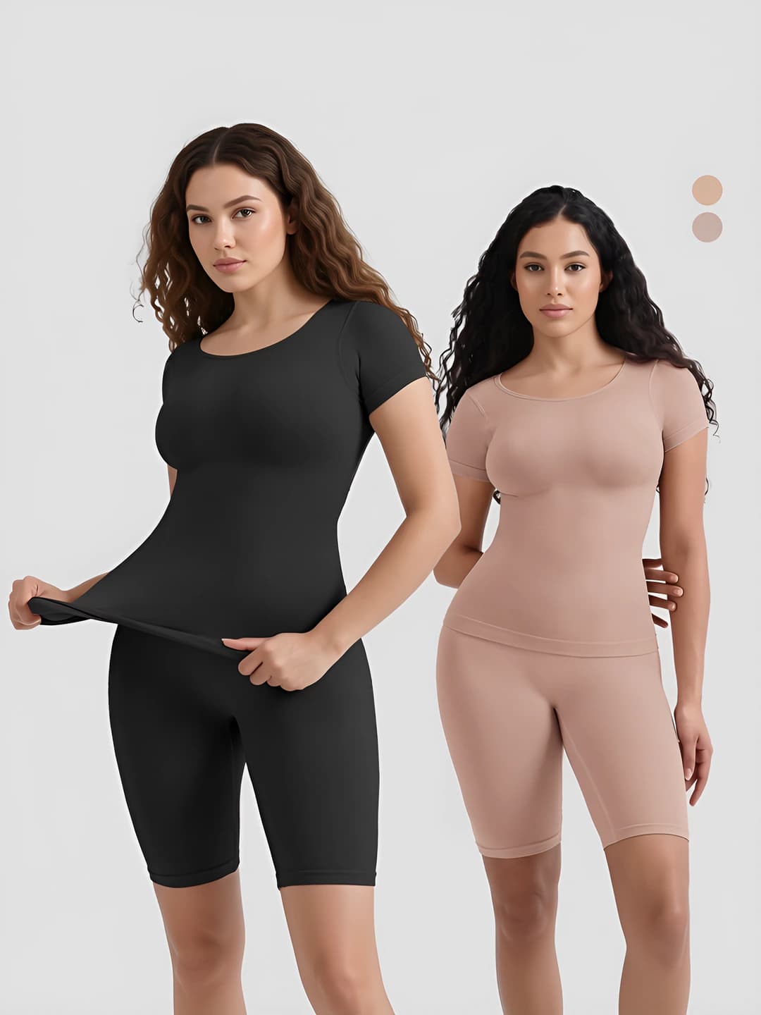 Women's shapewear set: seamless sports top with crew neck and short sleeve, hip-lifting shorts with tummy control