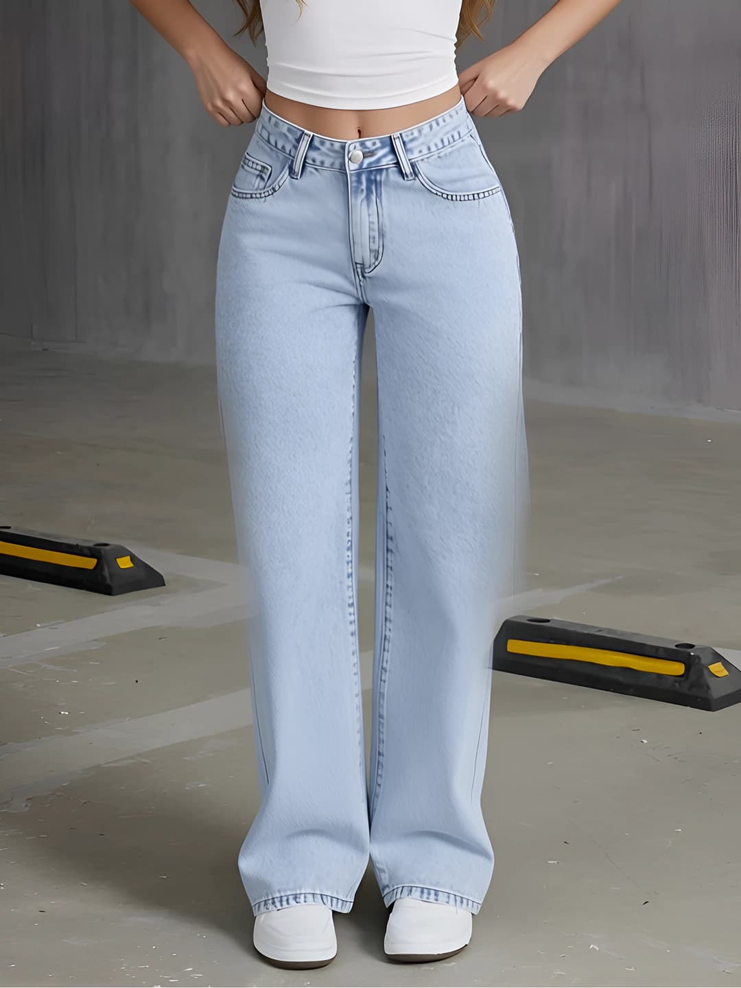 Ayollar uchun baland belli, to'g'ri kesim, bo'sh (oversize) uzun jinsi shimlar, kundalik uslub, bir rangli, 50-70% paxta